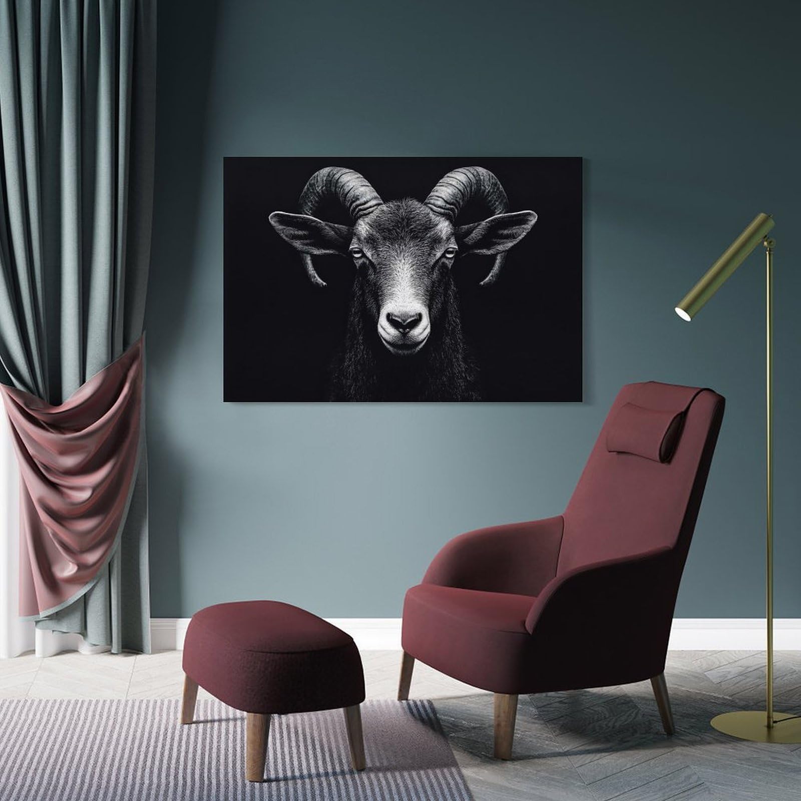 Junmoney Monochrome Ram Portrait Canvas Art Print 16x24inch(40x60cm), for New Homes, Bedrooms Or Workspaces, Gift Idea for Housewarming And Birthdays