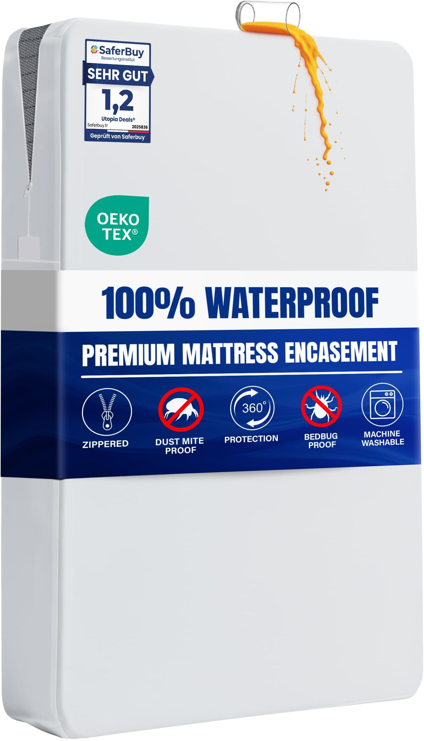 Premium Waterproof Mattress Encasement Super King Bed (180 x 200 x 20 cm), Zippered Mattress Protector, Bed Bug and Dust Mite Proof Mattress Cover, White