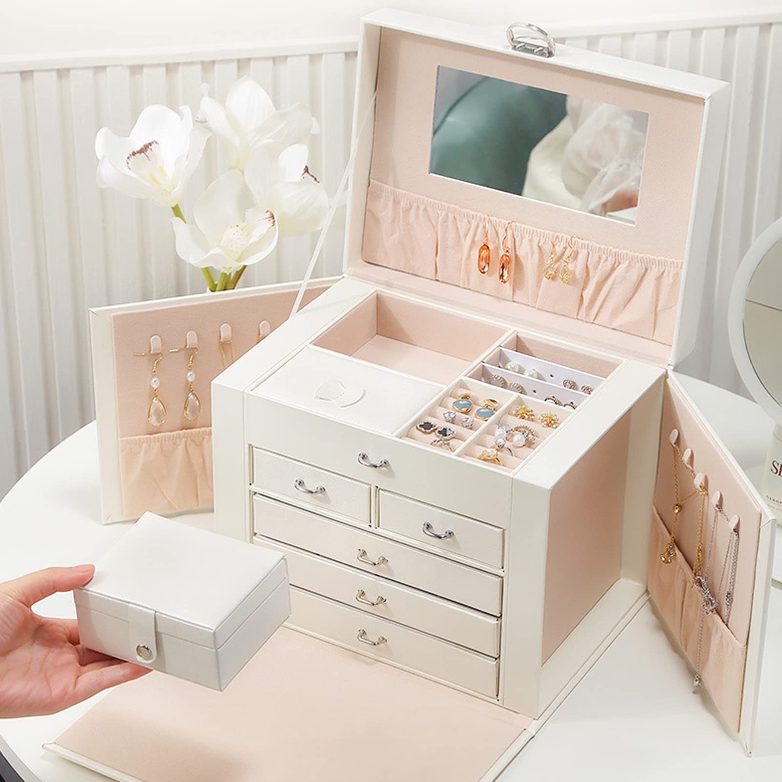 Joyero de Cuero Sintético | Capas múltiples de gran capacidad con espejo, para organizador de accesorios para el hogar para mujeres