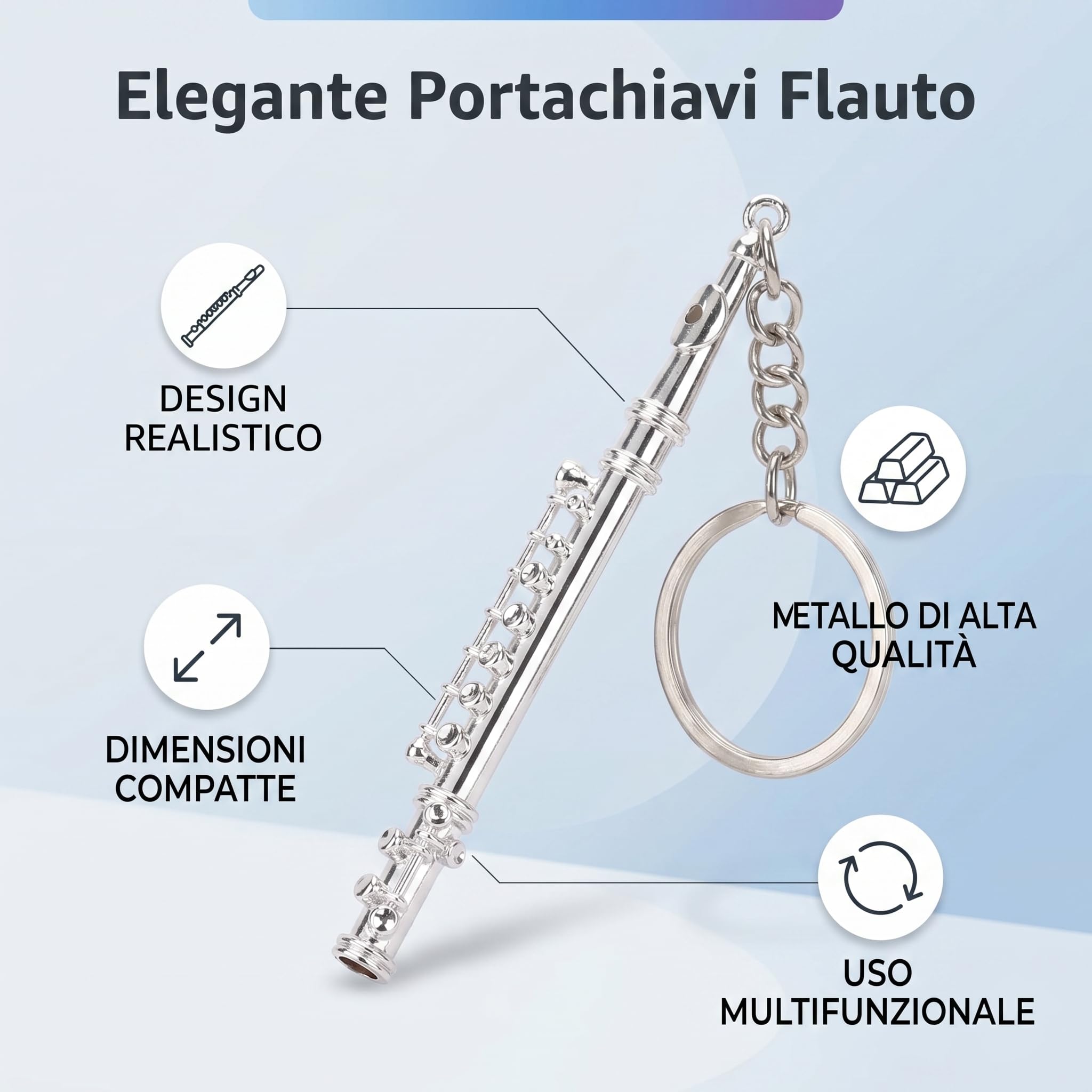 Llavero de Flauta, Llavero de Instrumento Musical de Metal Plateado a Prueba de Decoloración, Exquisito para Amigos y Decoración Diaria