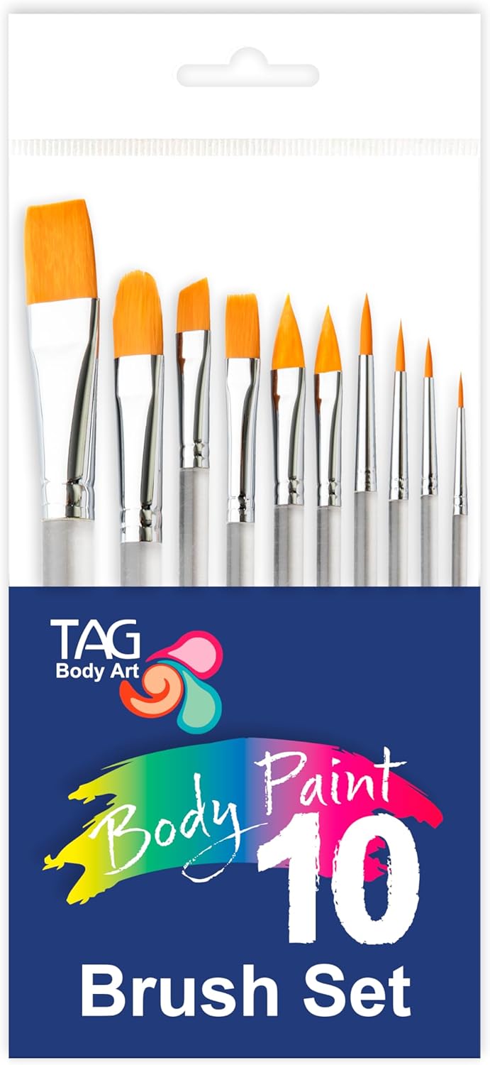 TAG Face Paint and Body Paint Brush Set - 10 Piece Professional Artist Collection - Includes Round, Flat, Filbert, Angle & Petal Brushes - Synthetic Bristles for SFX, Acrylic & Watercolor