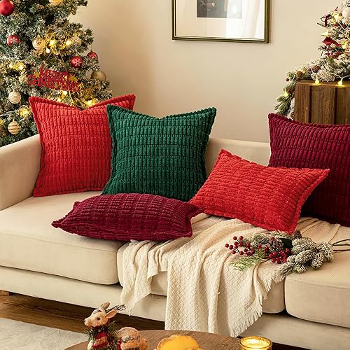 Miniatura 7 de MIULEE Juego de 2 fundas de almohada decorativas de pana coral, fundas de almohada suaves a rayas con borde ancho, decoración bohemia moderna para