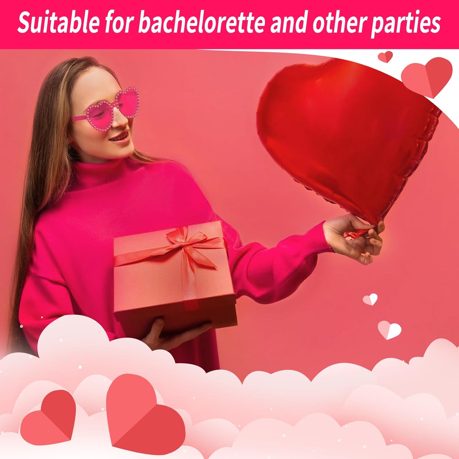 20 Pack Rhinestone Heart Sunglasses Bulk for Women Heart Shaped Rimless Glasses for Bachelorette Valentines Party