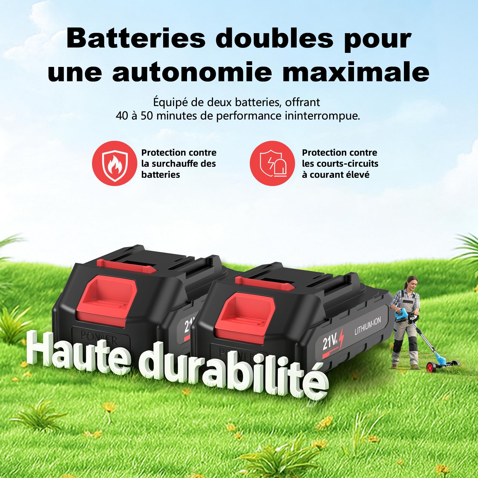 Débroussailleuse Électrique sans Fil, 21V Coupe Bordure sans Fil avec Batterie, Équipé de 2 Batteries 2.0Ah, 4 Lames Efficaces et Poignée Réglable, pour la Maison, la Cour, Le Jardin