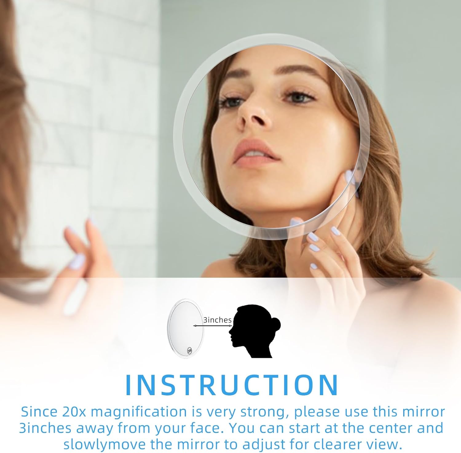 Magnifying Mirror Makeup Mirror, Three Suction Cups, Magnifying Mirror Suction Cup, 6.4inches(Clear), Portable Makeup Mirror with Magnification for Bathroom or Travel (20X)