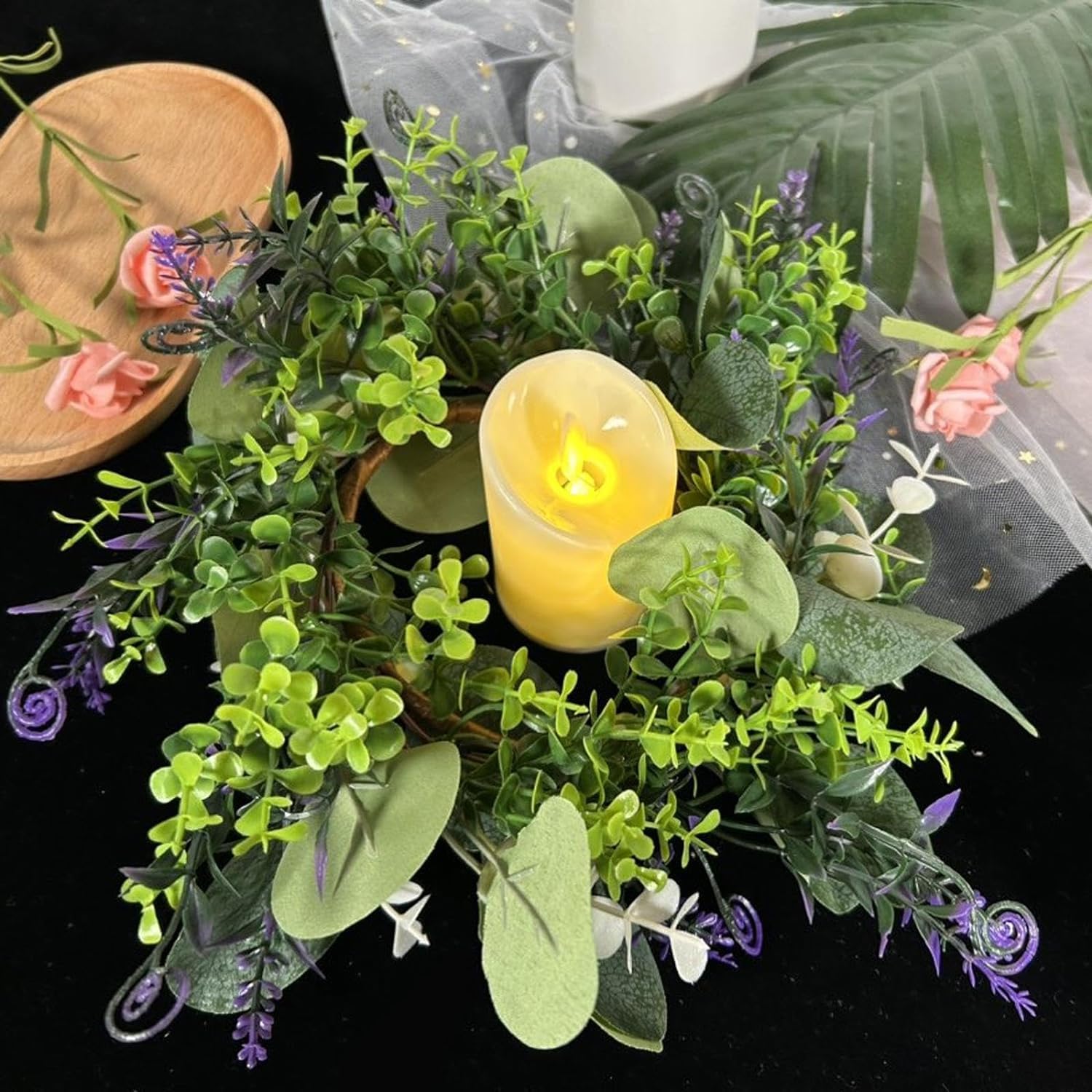 Eucalyptus Leaves Wreath Artificial Flower Candle Rings Table Candle Garland Candle Holder Artificial Flower Candle Rings Greenery Candlestick Holder for Door Wall Party Tabletop Decorations