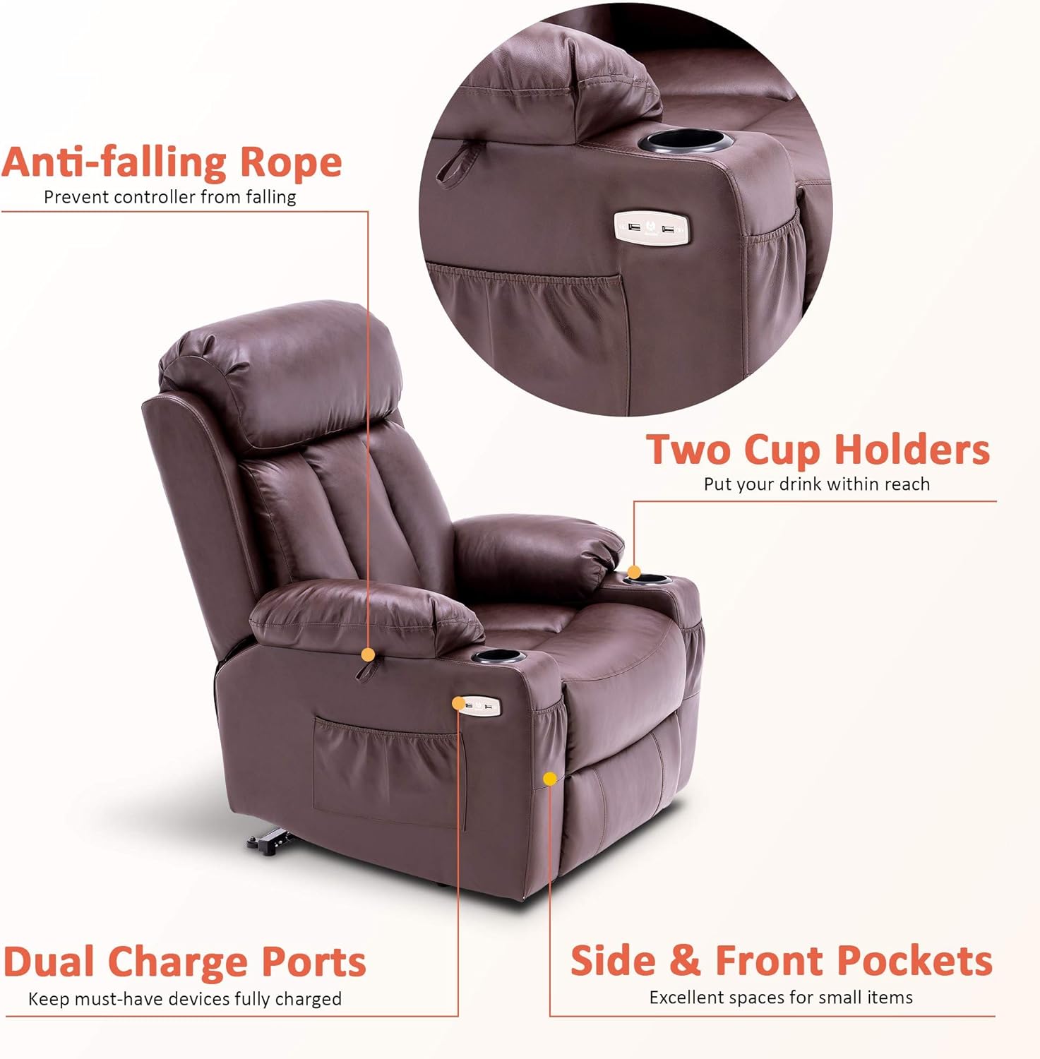 MCombo Large Electric Power Lift Recliner Chair with Extended Footrest for Big and Tall Elderly People, Hand Remote Control, Lumbar Pillow, USB Ports, 7426 (Faux Leather, Dark Brown)