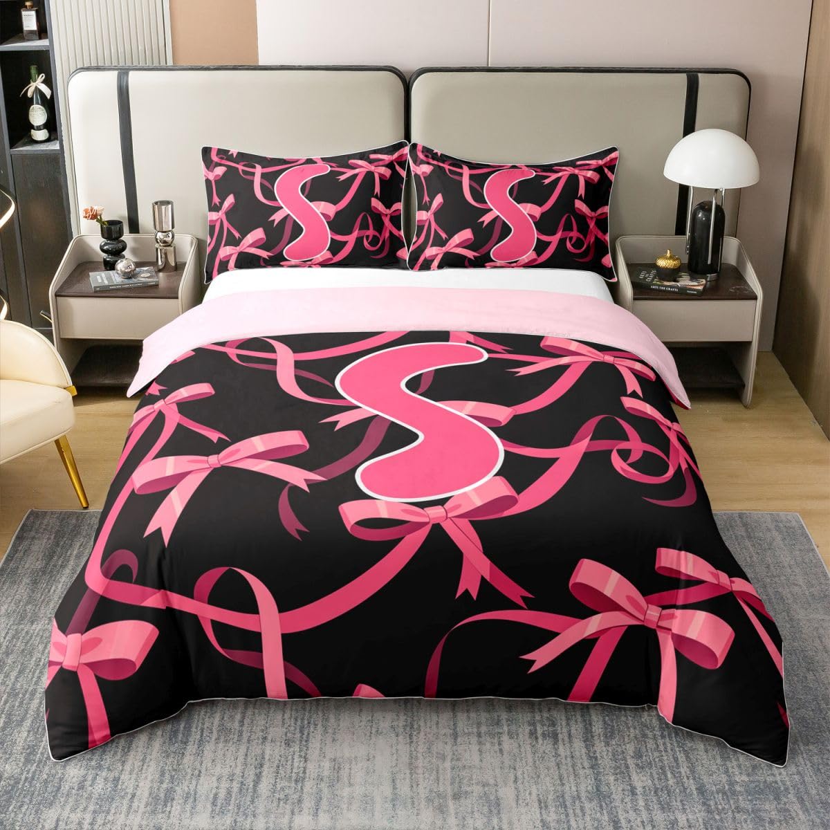 Housse de couette en pur coton doux avec nœud papillon rose et initiale S Manfei