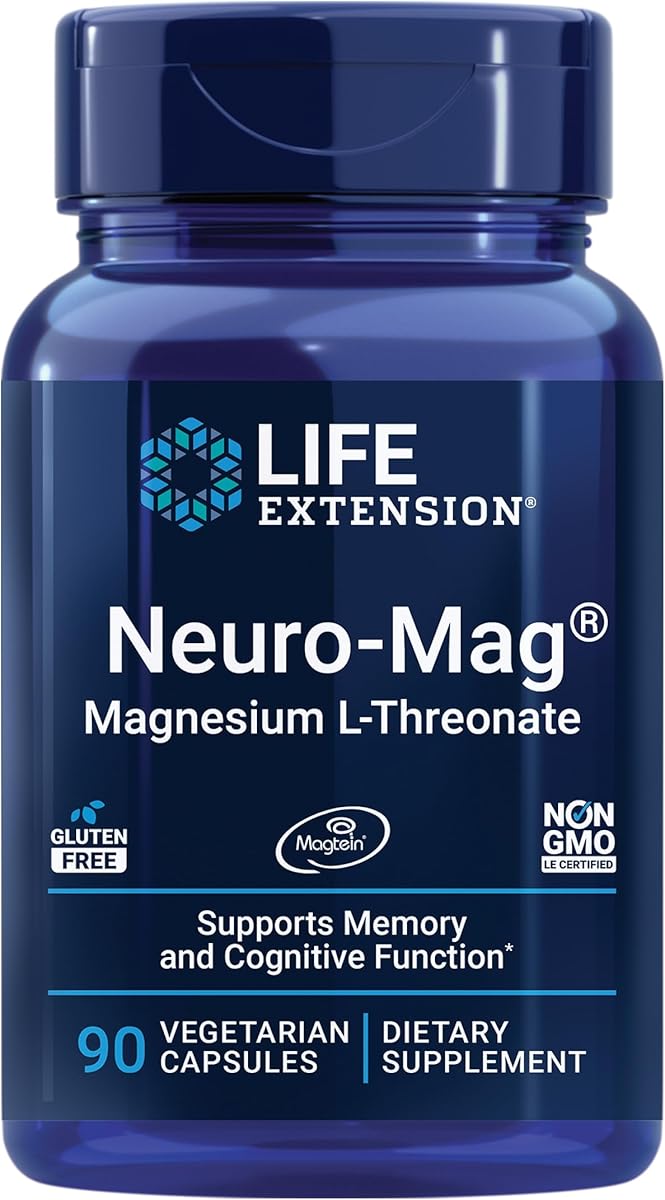 Life Extension Neuro-Mag Magnesium L-Threonate, Memory Health, Quick Thinking, Cognitive Health Support, Vegetarian, Non-GMO, 90 Vegetarian Capsules (144 mg from 2000 mg Magtein magnesium L-threonate