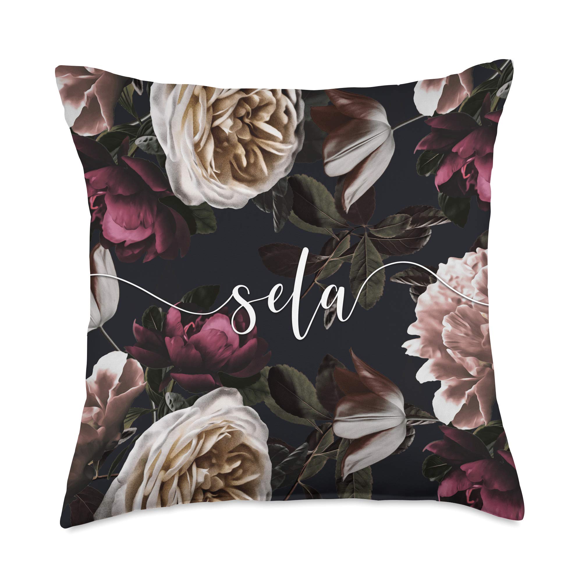 Sela-Elegant Floral Rose & Peony Personalized Name Throw Pillow, 18x18, Multicolor