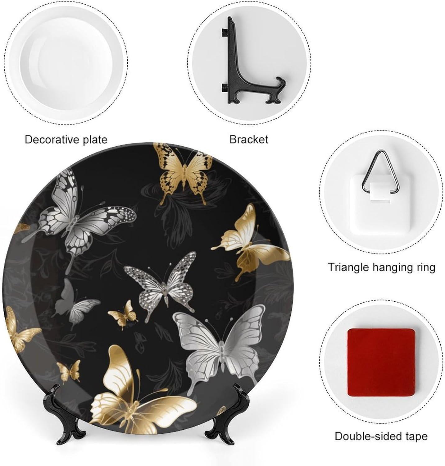 Gold White Butterflies Black Decorative Plates Bone China Plates with Stand for Display 10inch Round Ceramic Dinner Plates Dessert Plate for Kitchen Party Coffee Table Decor Art