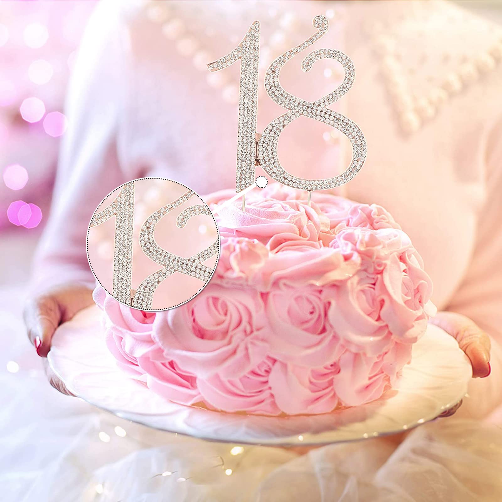 Gelukkige 18e verjaardag taarttopper gouden glitter voor Hello 18, Proost op 18 jaar, 18 & fantastisch, 18e verjaardag taartprikker 18 jaar oud verjaardagsfeestje taartdecoraties (rosé goud