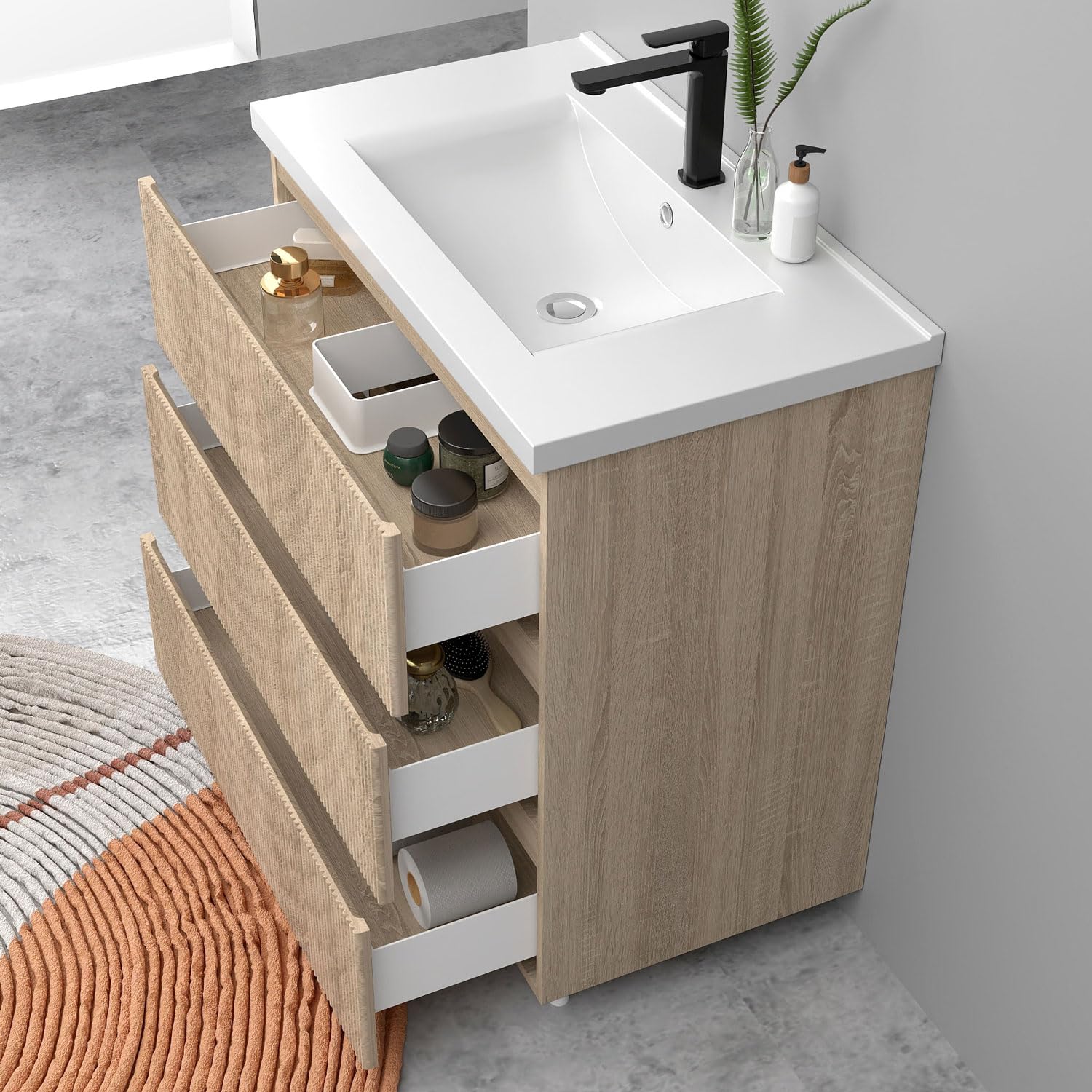 Aica Meuble de Salle de Bain Suspendu 79 cm, 3 tiroirs, avec Vasque en céramique, chêne Mat