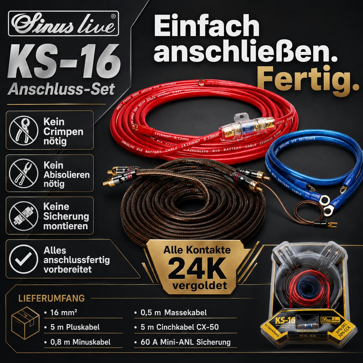 Sinuslive KS-16 5m Car-HiFi Batteriekabel Set 16mm² – anschlussfertiges Kabelset für Endstufe Verstärker, mit 60A Mini-ANL Sicherung, Pluskabel, Massekabel und CX-50 Cinchkabel