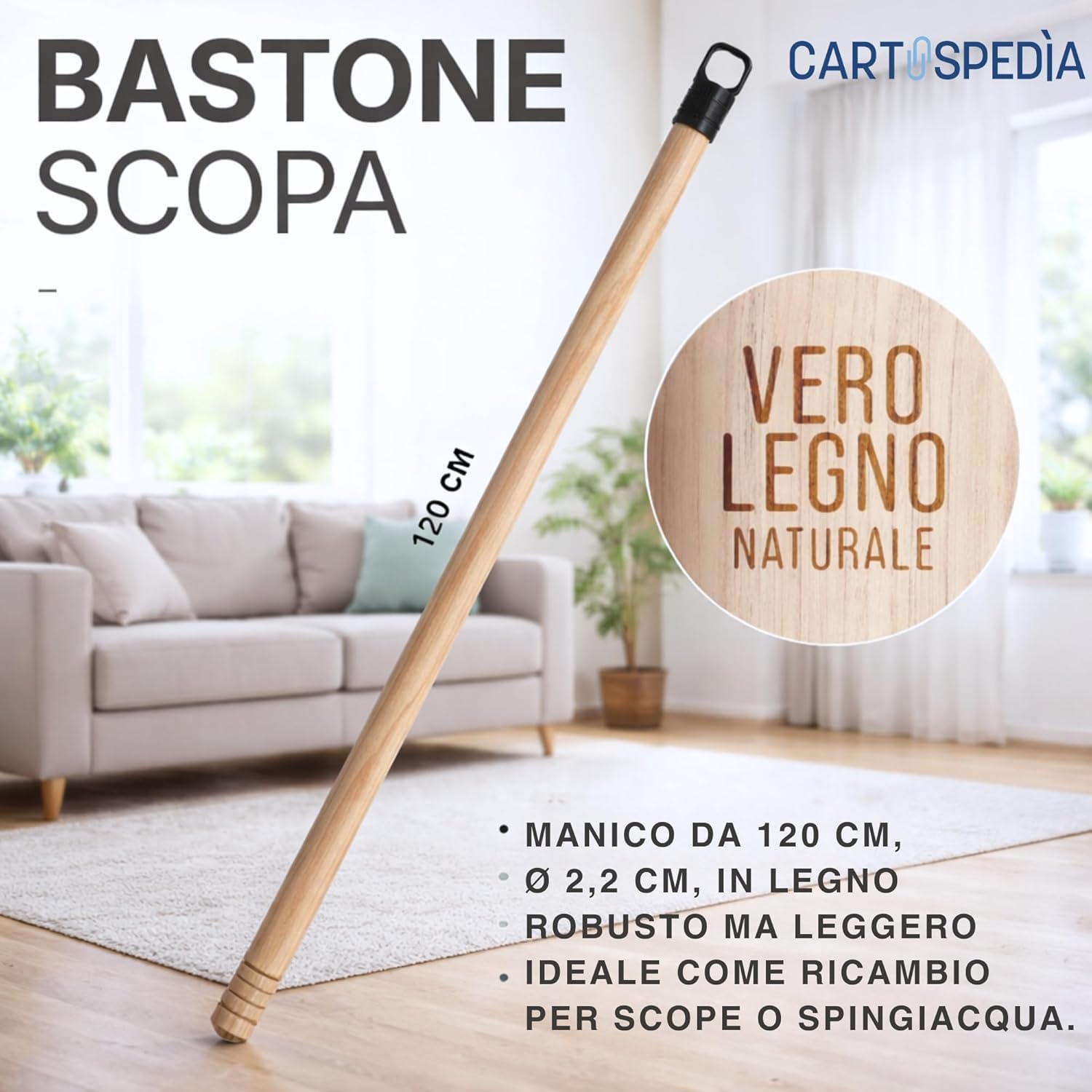 Scopa e Paletta con Manico Lungo 120 cm - Asta in Legno Filettato - Paletta Alzaimmondizia in Plastica - Setole Piumate per Pulizia
