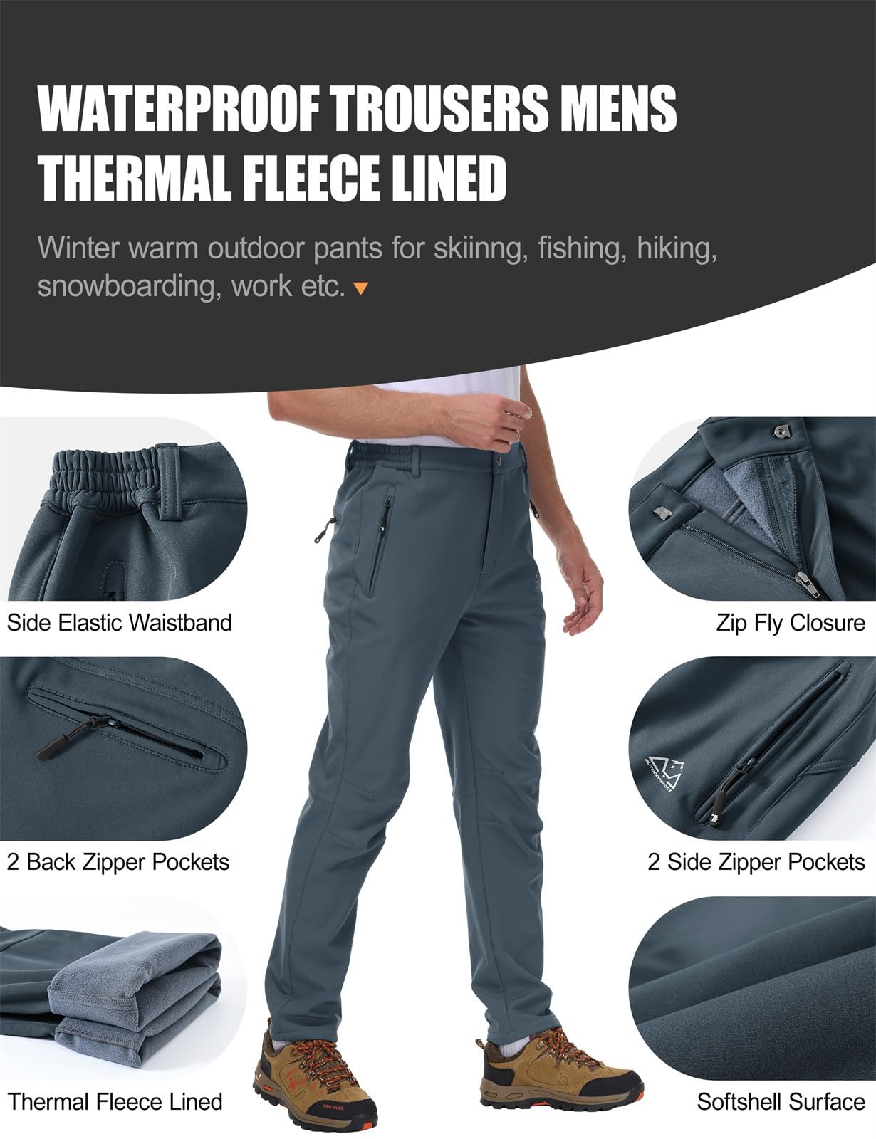 Rdruko Pantalones de softshell para hombre, resistentes al agua, pantalones de esquí de invierno, pantalones de trabajo con forro cálido, pantalones de senderismo, pantalones de exterior, Gris Frío