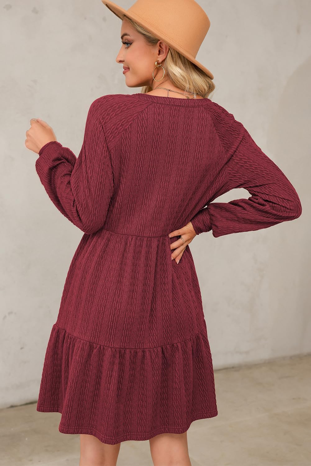 Dokotoo Fall Dresses for Women 2025 Long Sleeve V Neck Textured Casual Lightweight Tiered Ruffle A-Line Mini Babydoll Dress - Image 5