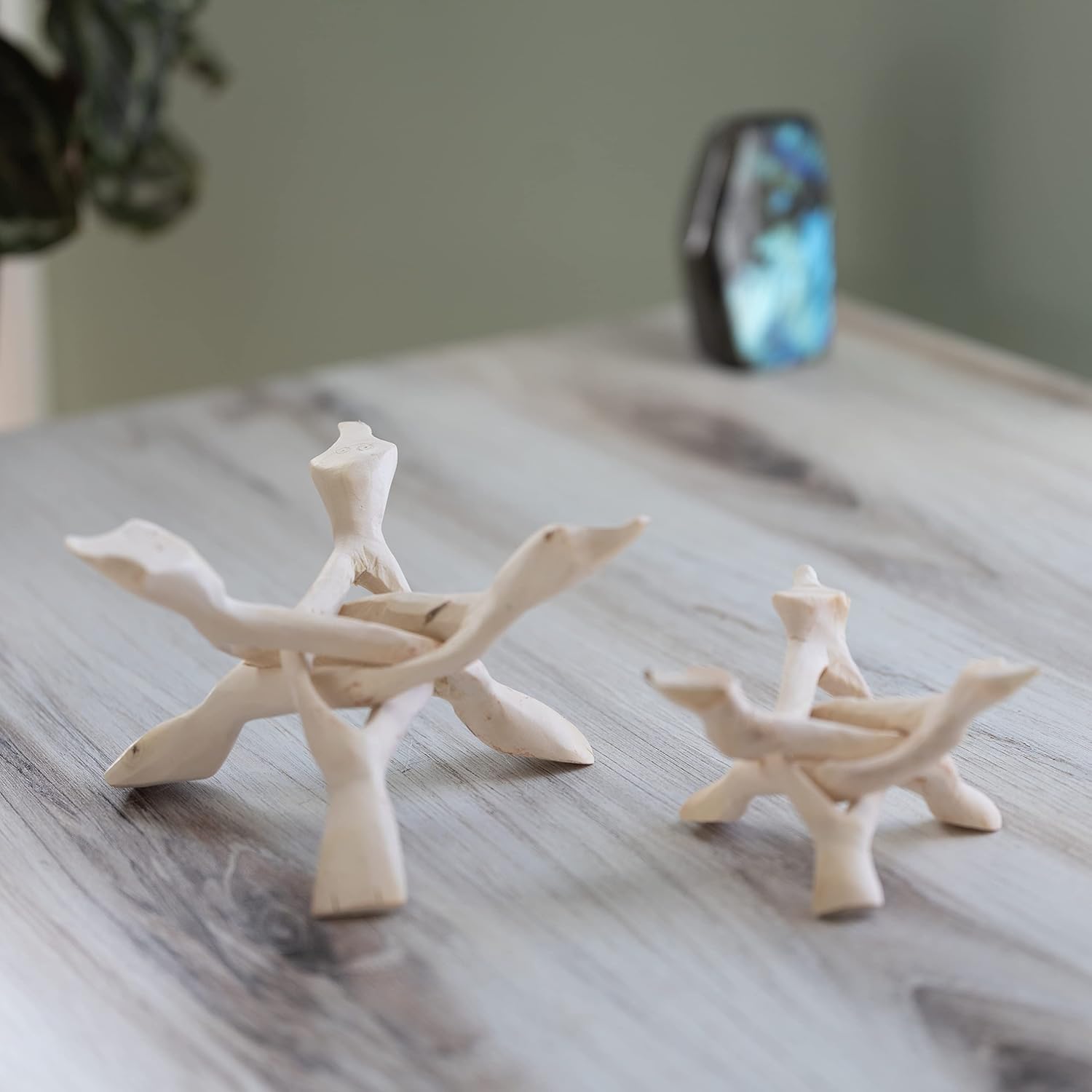 Wish Well 2 Piece Wooden Tripod Stand 4" & 6" Hand-Carved Room Decor Holder
