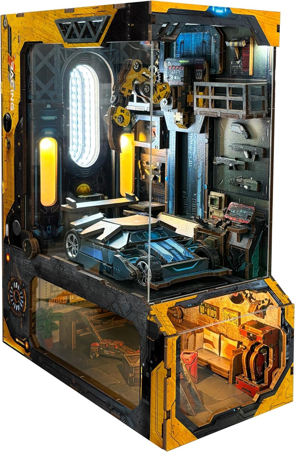 Strucwood Cyberpunk Book Nook Kit with LED Light - 3D Wooden Puzzles Book Nook for Book Shelf Decor - DIY Dollhouse Kit - Book Nook with Dust Cover - Excellent Automobile Workshop