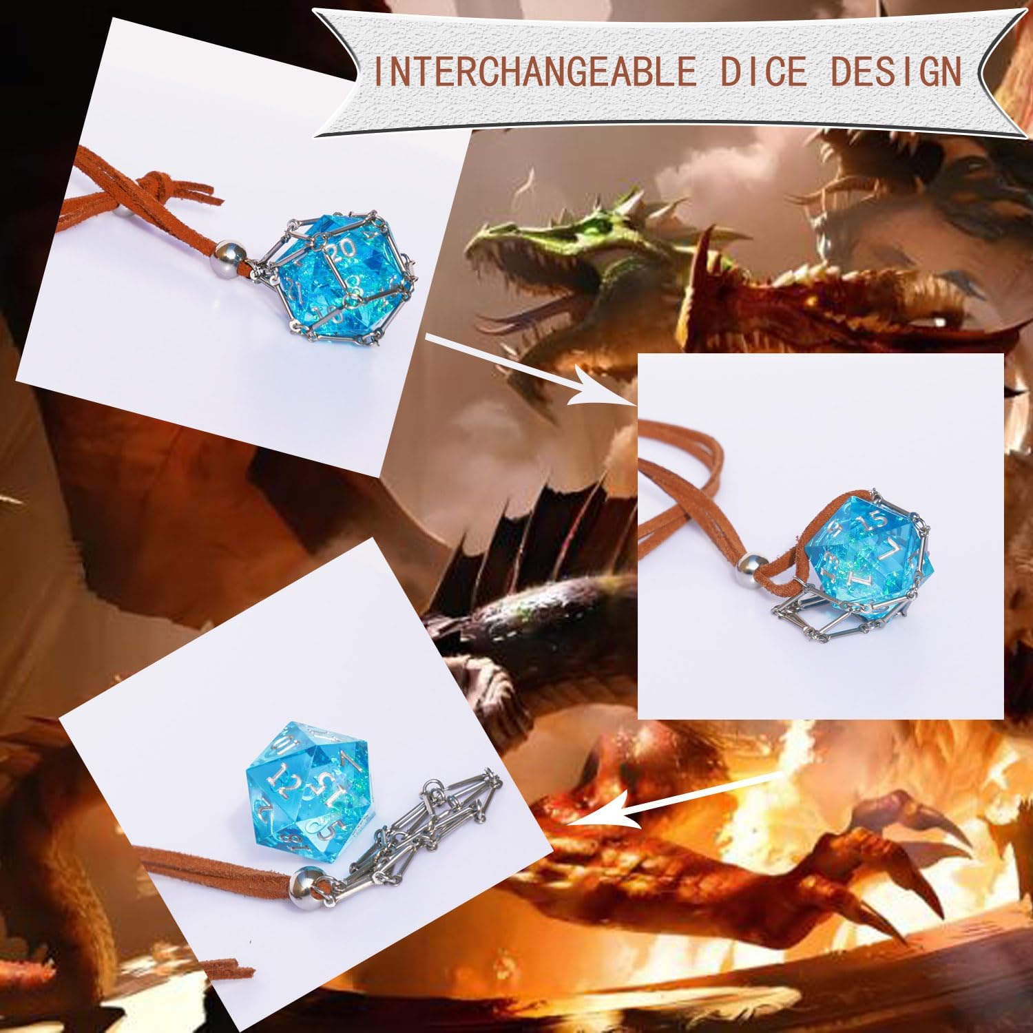 DND D20 Dice Removable D20 with Leather Chain & Solid Steel Cage for RPG Dungeons and Dragons Dice