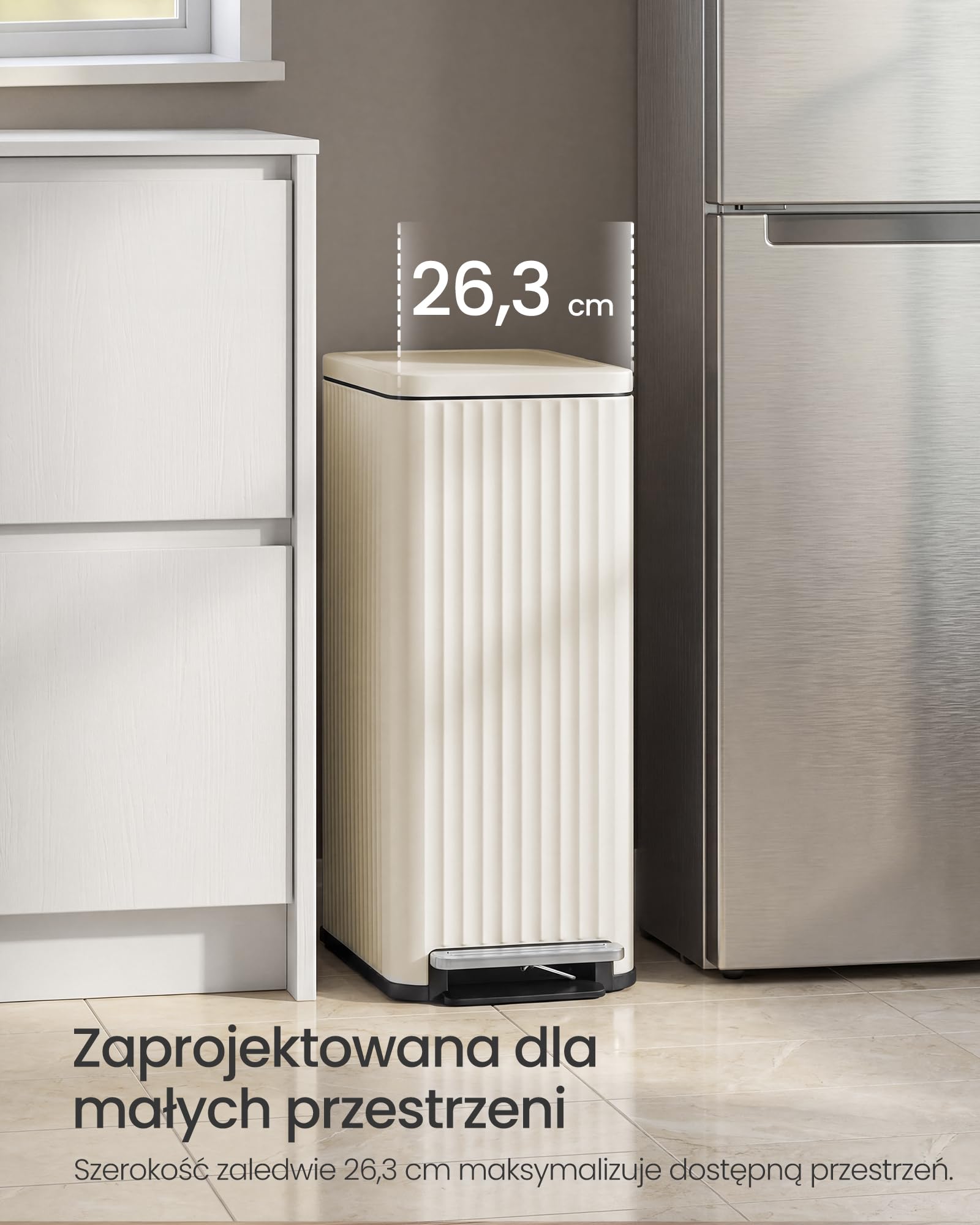 SONGMICS Kosz na śmieci do kuchni, 50 l, z pedałem i pokrywą, system cichego domykania, wyjmowany wkład, stalowy, w zestawie 15 worków na śmieci, kolor kremowo-biały (LTB350LZ02)