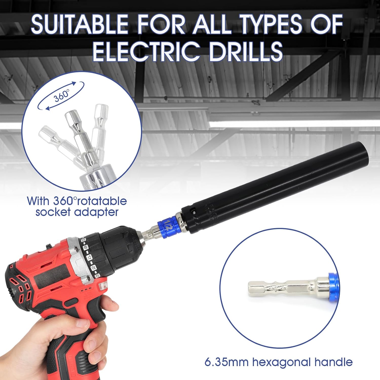 3 Pcs 9/16"(14mm) Power Nut Driver 6'' 8'' & 12'' Length, Nut Runner Hollow Socket with 3 Pcs 1/4" Hex Shank and 360° Rotatable 1/4" Hex Shank, Fit Long Bolts and Ductwork