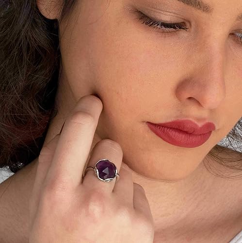 Miniatura 2 de 925 Sterling Silver Natural Amethyst Ring - Vintage Style Aquarius February Birthstone, Genuine Purple Gemstone Adjustable Ring - Handmade Jewelry