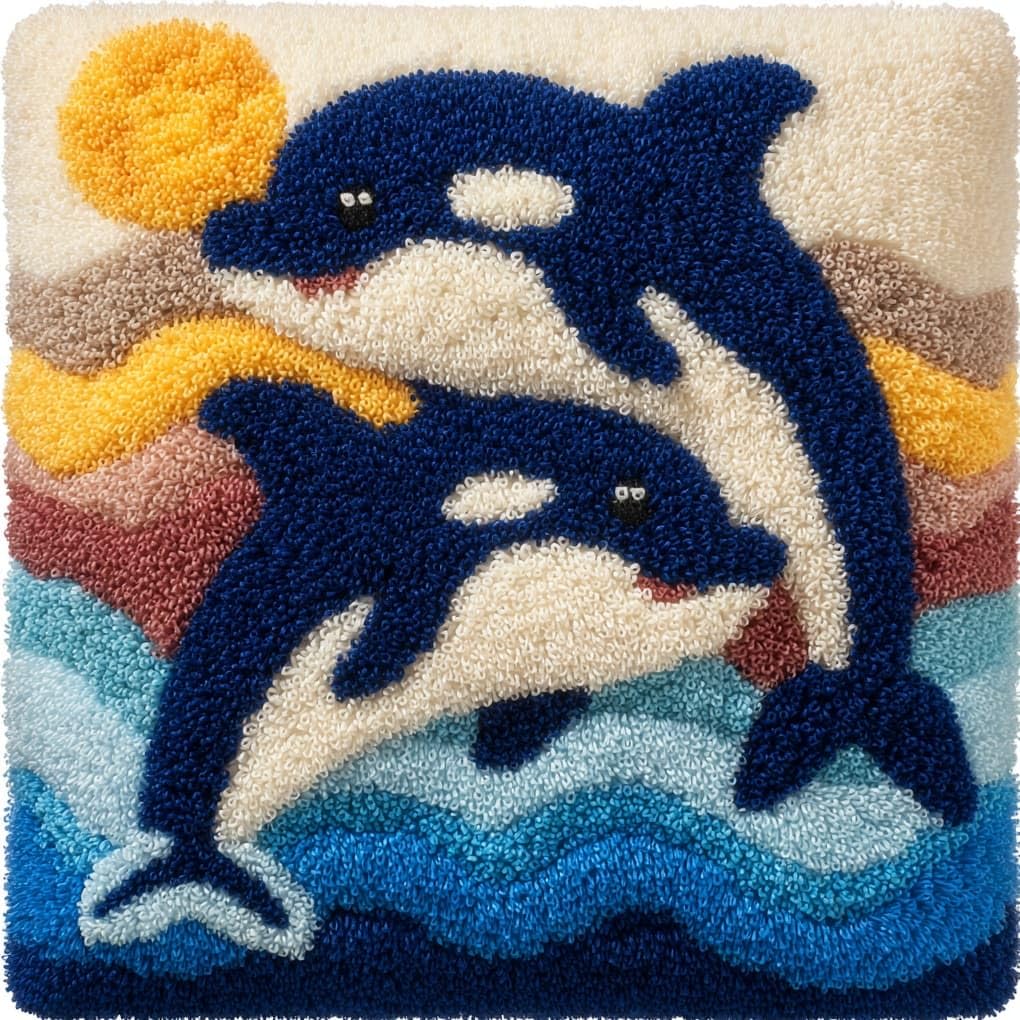Henypt DIY Latch Hook Cushion Cover Kit 43x43cm,Animal Dolphin Full Accessories Yarn Craft Set,Ideal Gift for Adults,Kids & Craft Enthusiasts