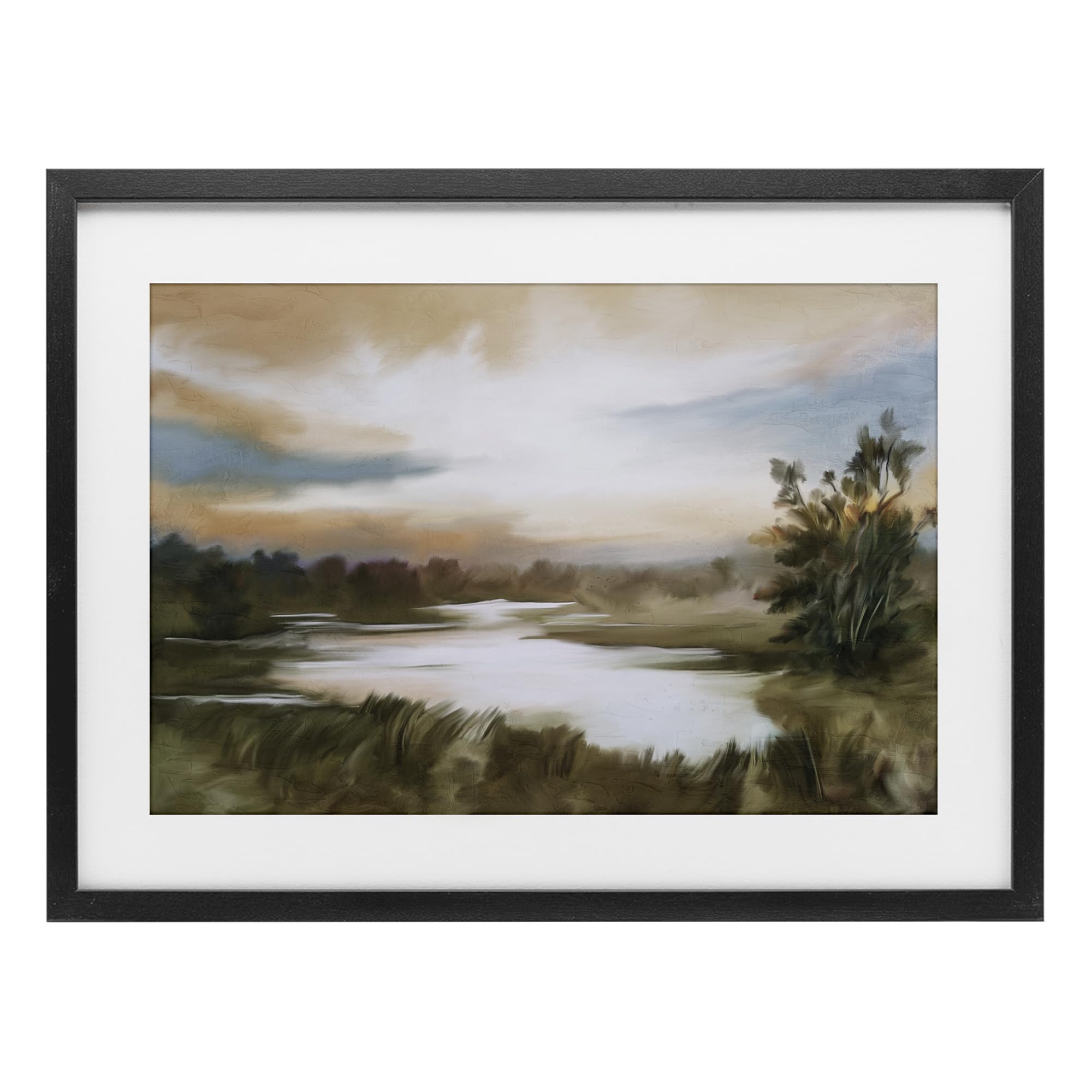 Stupell Industries Midnight Black (Textured) 'Sunset Pond Countryside'| Framed Print Under Glass