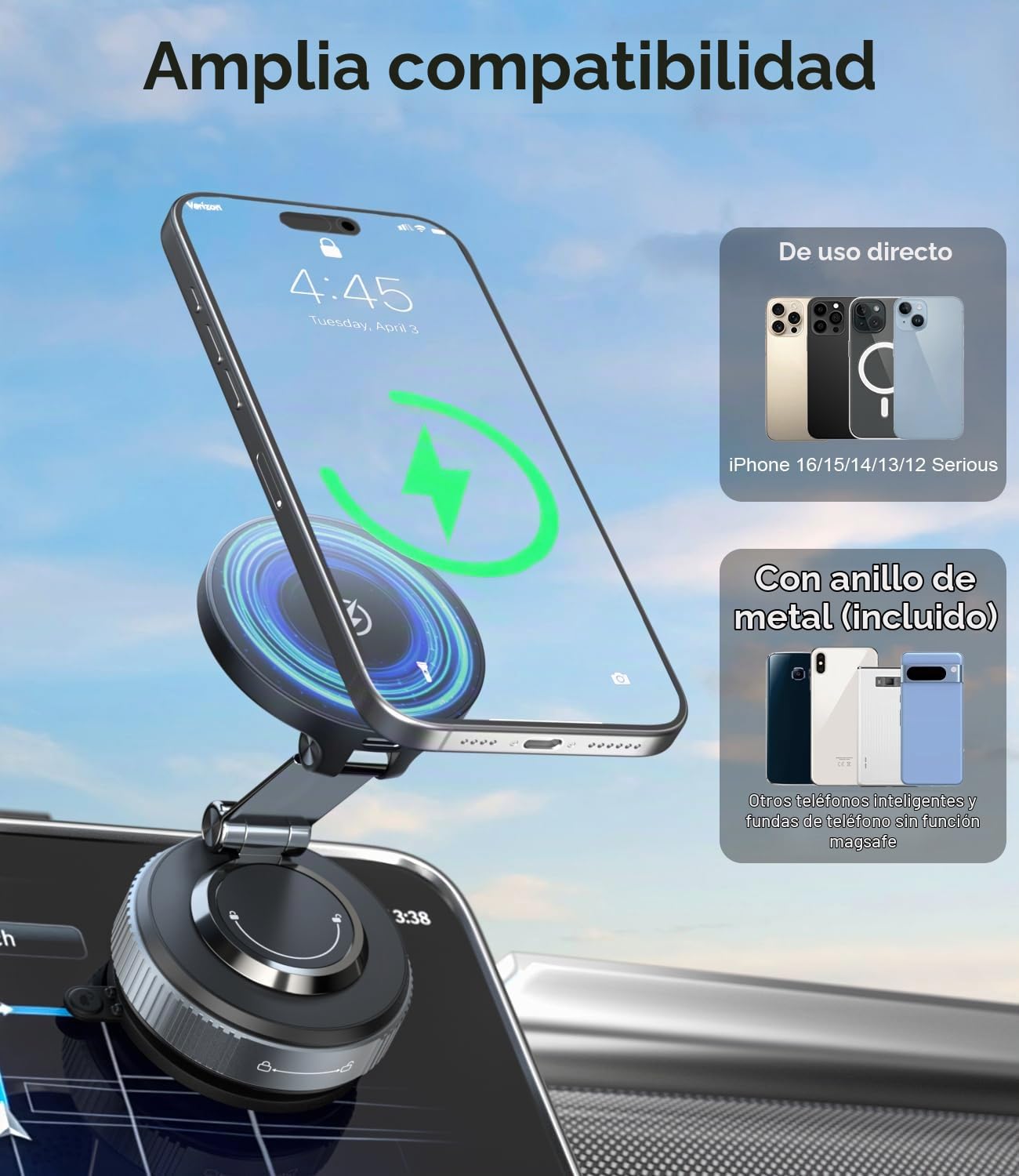 15W Cargador Inalámbrico Magnético Soporte Móvil Coche, Nueva Ventosa Elástica con Mayor Potencia, 360° Ajustable Carga Cargador Coche para MagSafe iPhone 17/16/15/14/13/12 Series