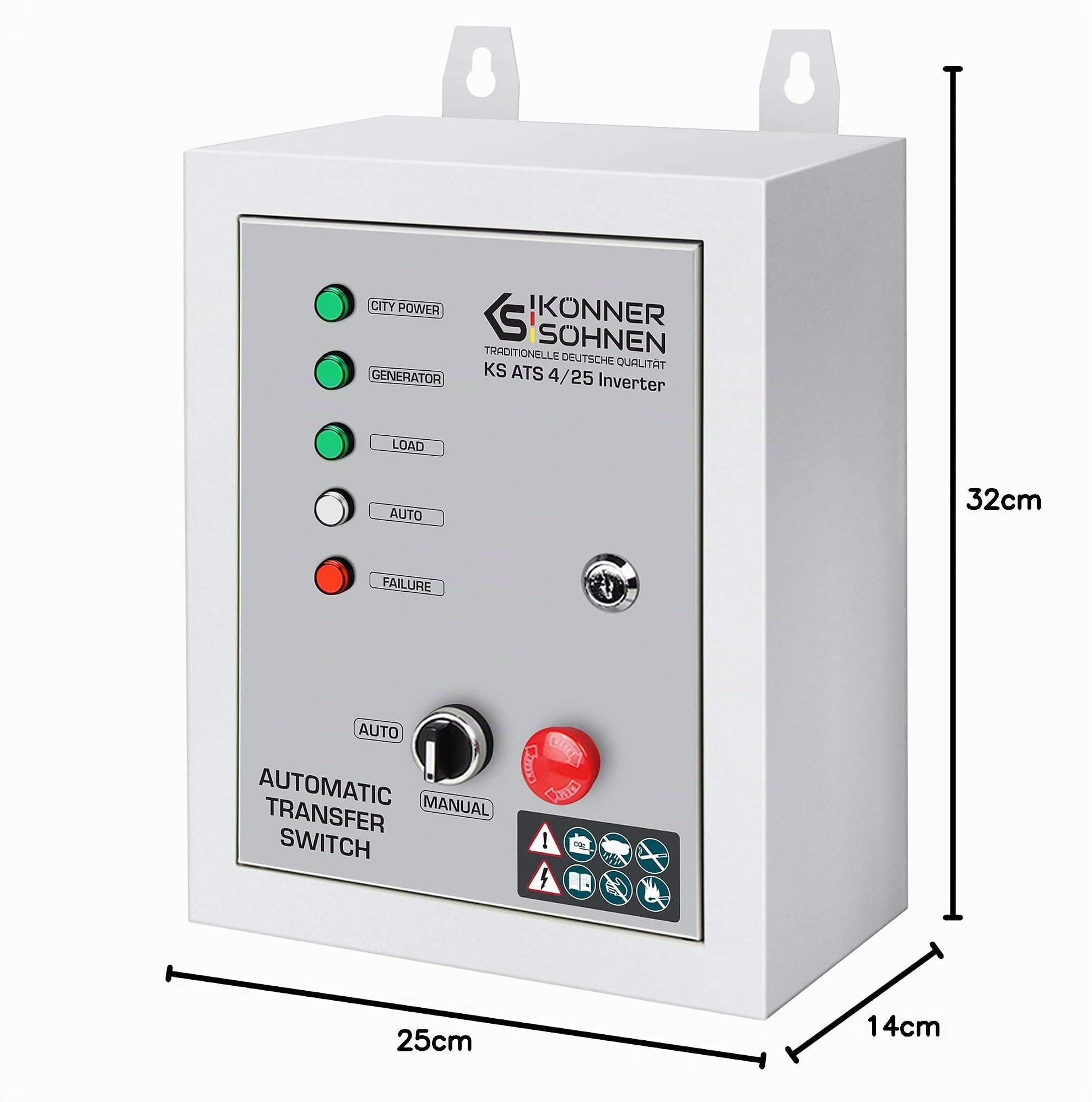K&S Könner&Söhnen ATS 4/25 Inverter ATS (Interruptor de Transferencia Automática) Generador, Inicio/Parada Automática del Generador, 5.75 (11.5) kW (230 V) y 13 kW (400 V), Residencial, Comercial
