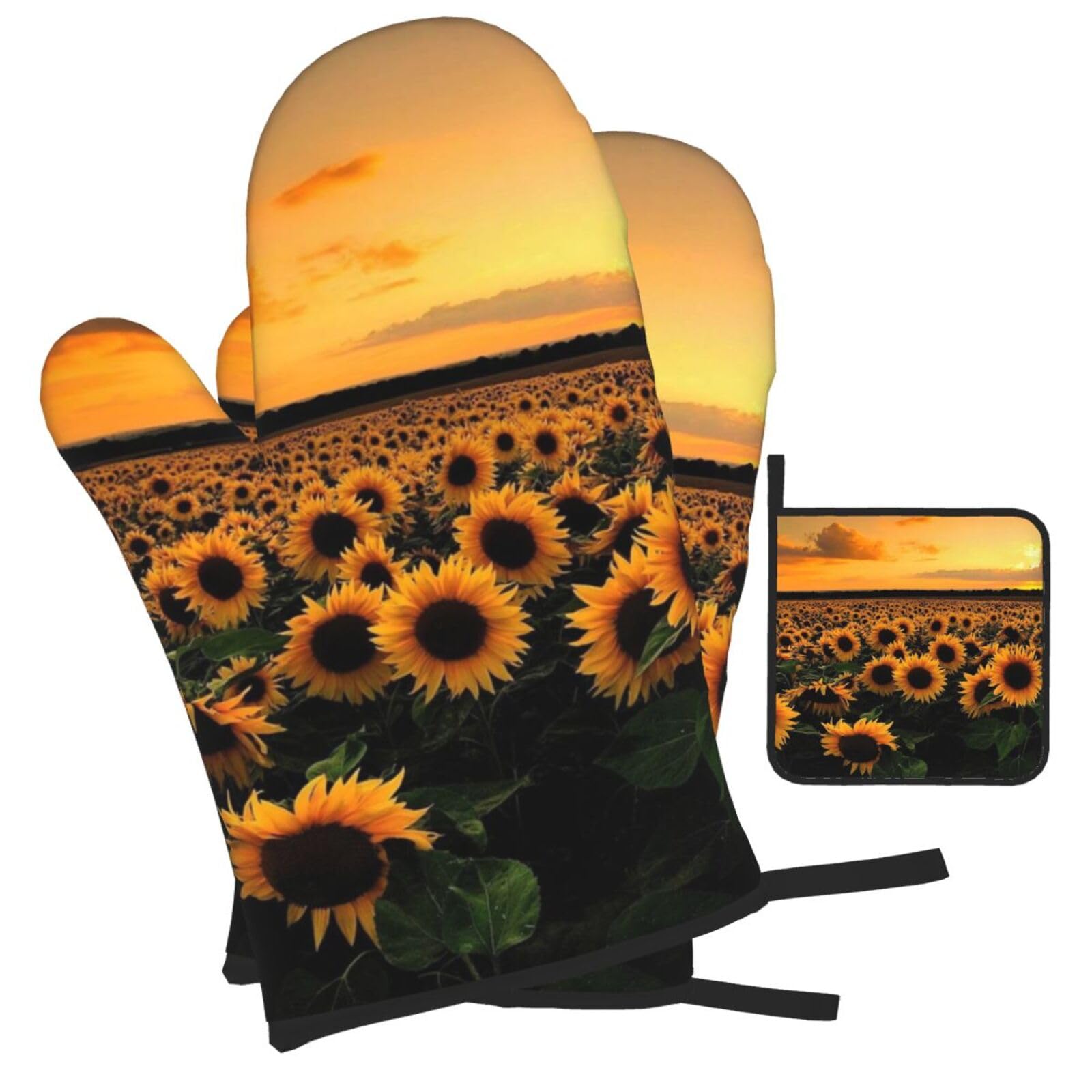 Sunflower and sunset Printed Oven Mitts and Pot Holders Heat Resistant Set of 3 Pcs, Modern Kitchen Gloves & Potholders for Cooking Baking Grilling