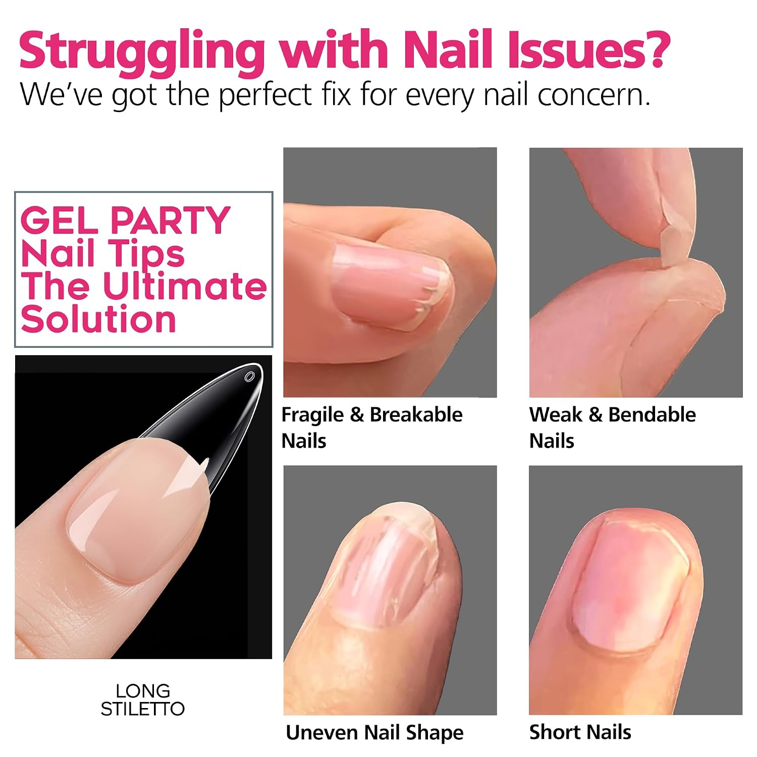 GELPARTY Soft Gel Nail Tips, Long Stiletto, 240 Count, 12 Sizes