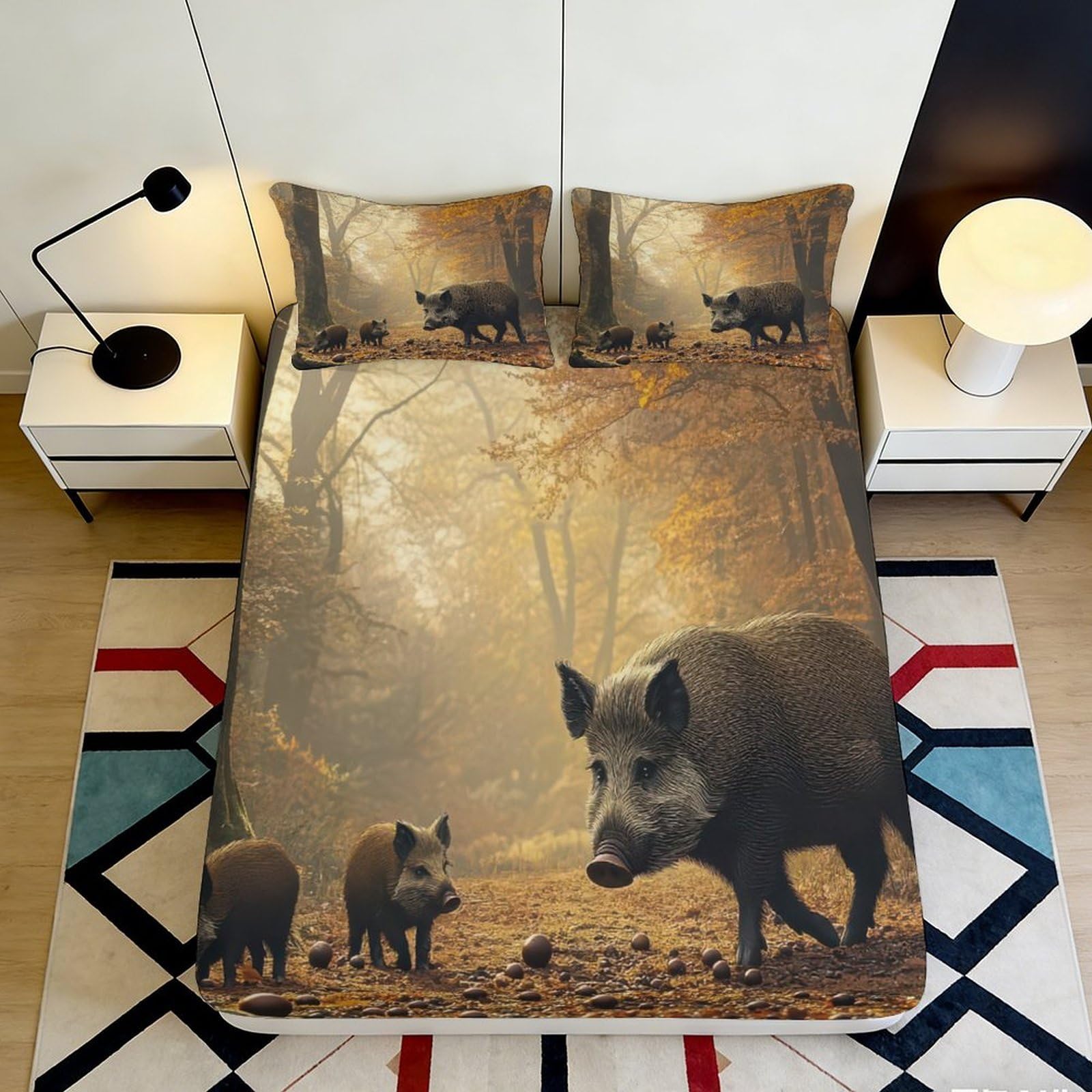 3D Printed Wild Boar Forest Fitted Sheet Microfiber Autumn Woodland Bed Cover for Bedroom Dorm Mattress Decor 140x200x25cm