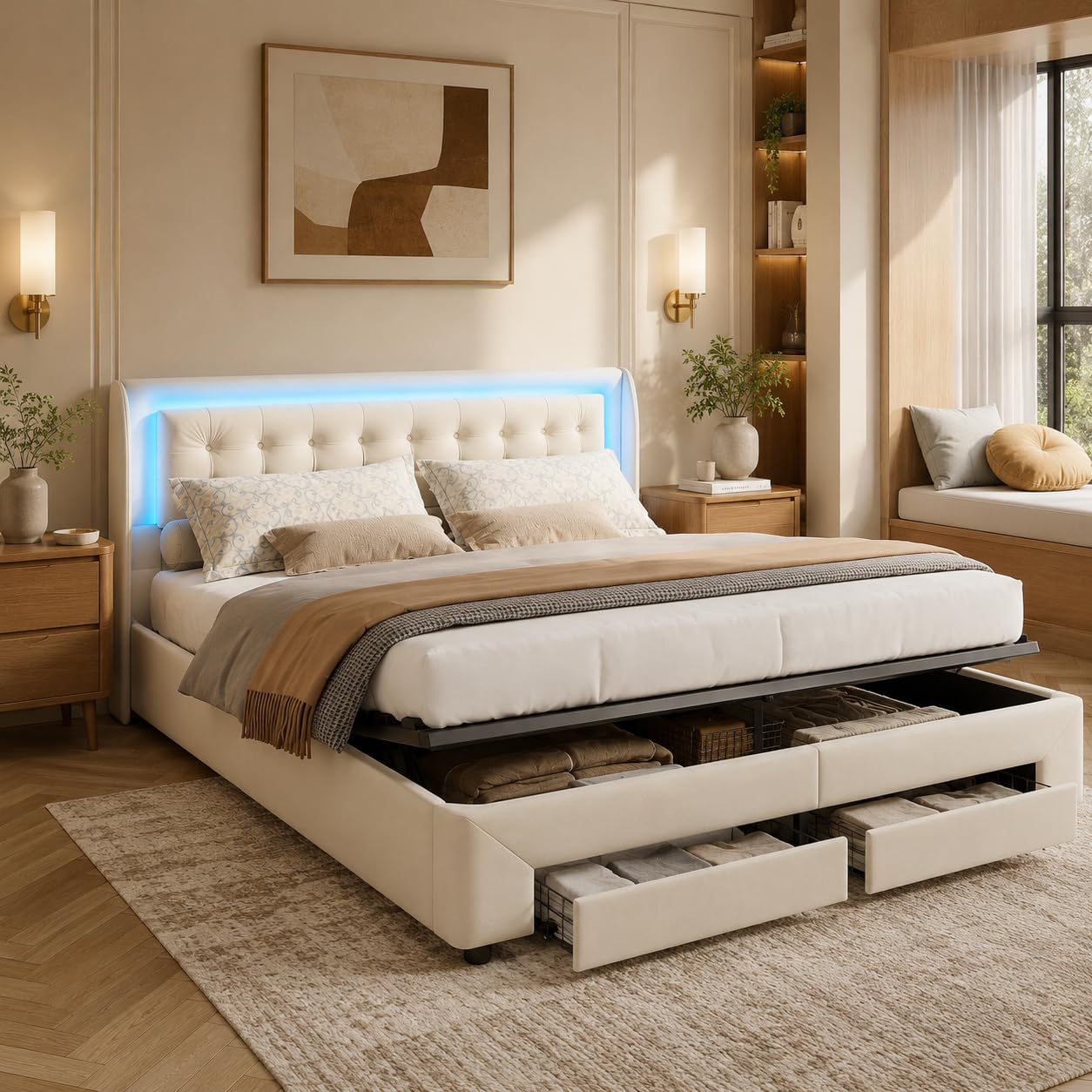 PerGar Letto imbottito 180 x 200 cm, letto matrimoniale a LED con vano portaoggetti e 2 cassetti, letto idraulico, letto funzionale, letto con vano portaoggetti, letto per ragazzi in velluto, senza