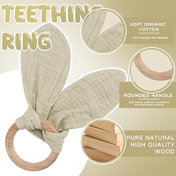 Baby Gift Young Girls Newborn Gift Set Baby Gifts 3 Pieces Birth Gifts with Cuffed Cloth Rabbit and Bite Ring Wood and Bib Baby for Newborn Baby Shows (Khaki)