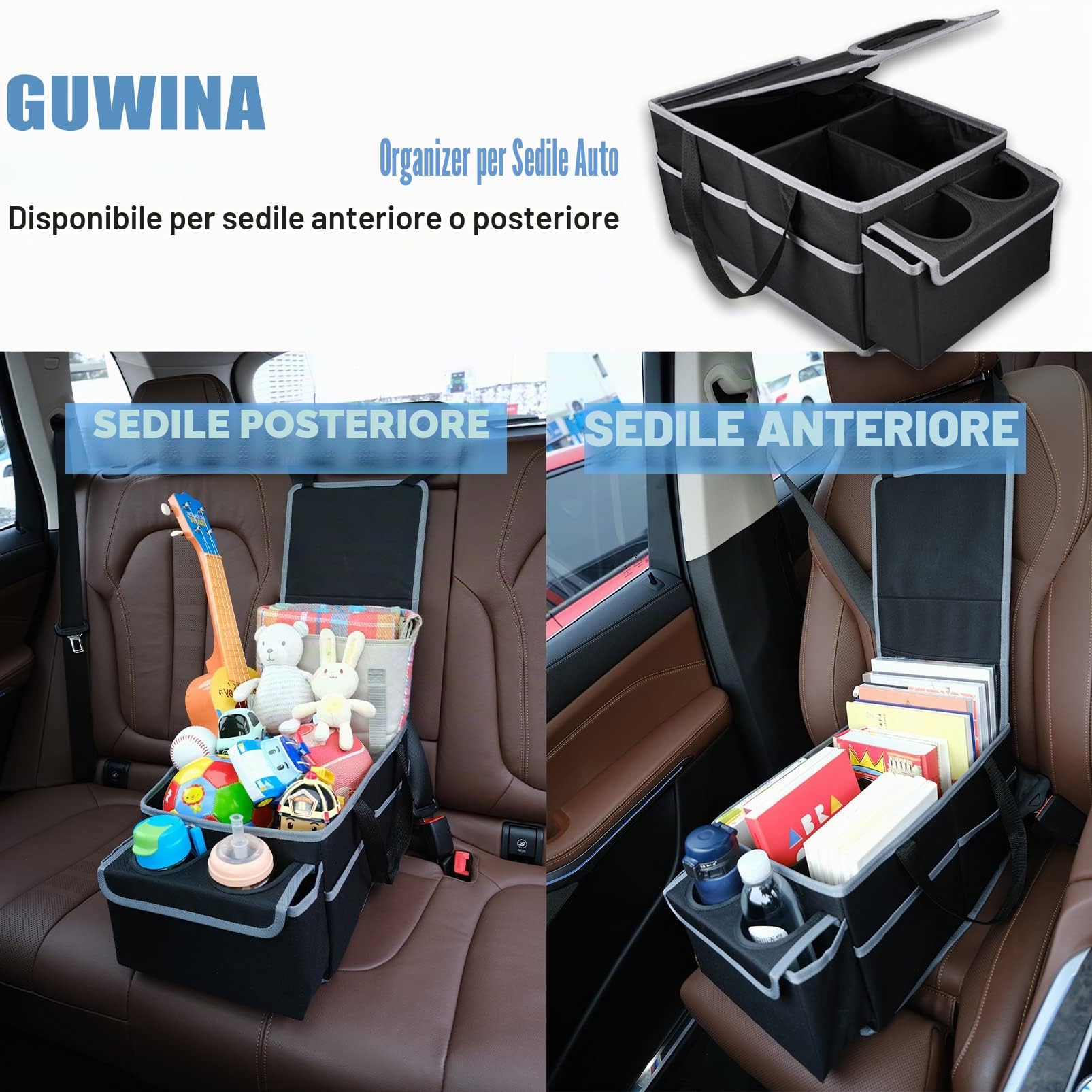 Organizer Sedile Auto per Sedile Posteriore & Anteriore, Pieghevole Organizzatore Sedili Auto con Cinture di Sicurezza & Portabicchieri, Accessori Portaoggetti da Viaggio per Bambini (Nero)