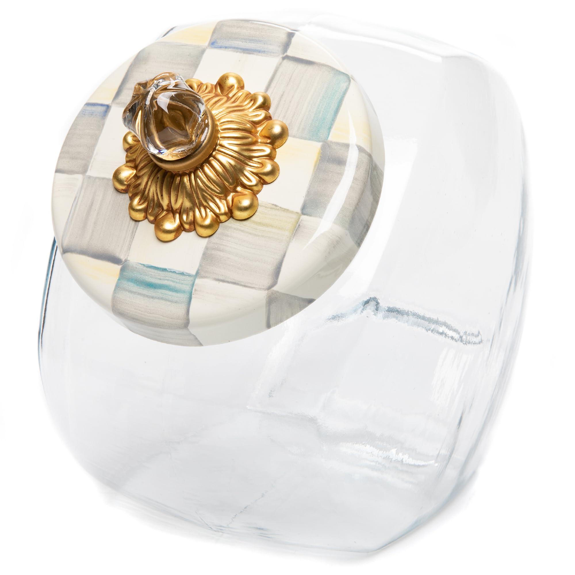 Sweets Jar with Enamel Lid, Small Glass Cookie Jar or Kitchen Jar, 0.5-Gallon Capacity, Gray-and-White Sterling Check