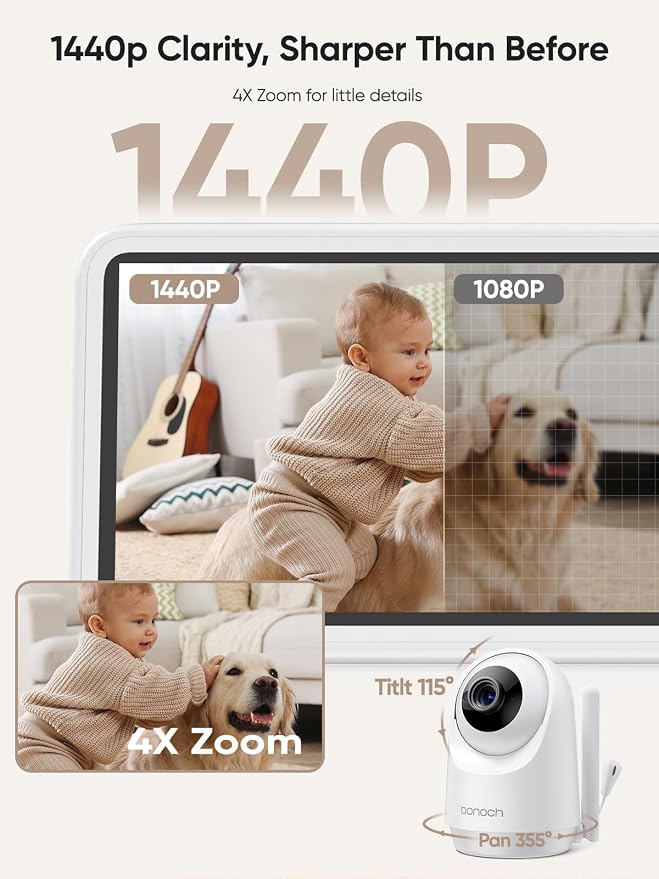 bonoch 1440p 5" Baby Car Camera and 5.5" Video Monitor, 360 Degree Rotating Wide View Mirror, no WiFi Baby Monitor with Audio and Camera