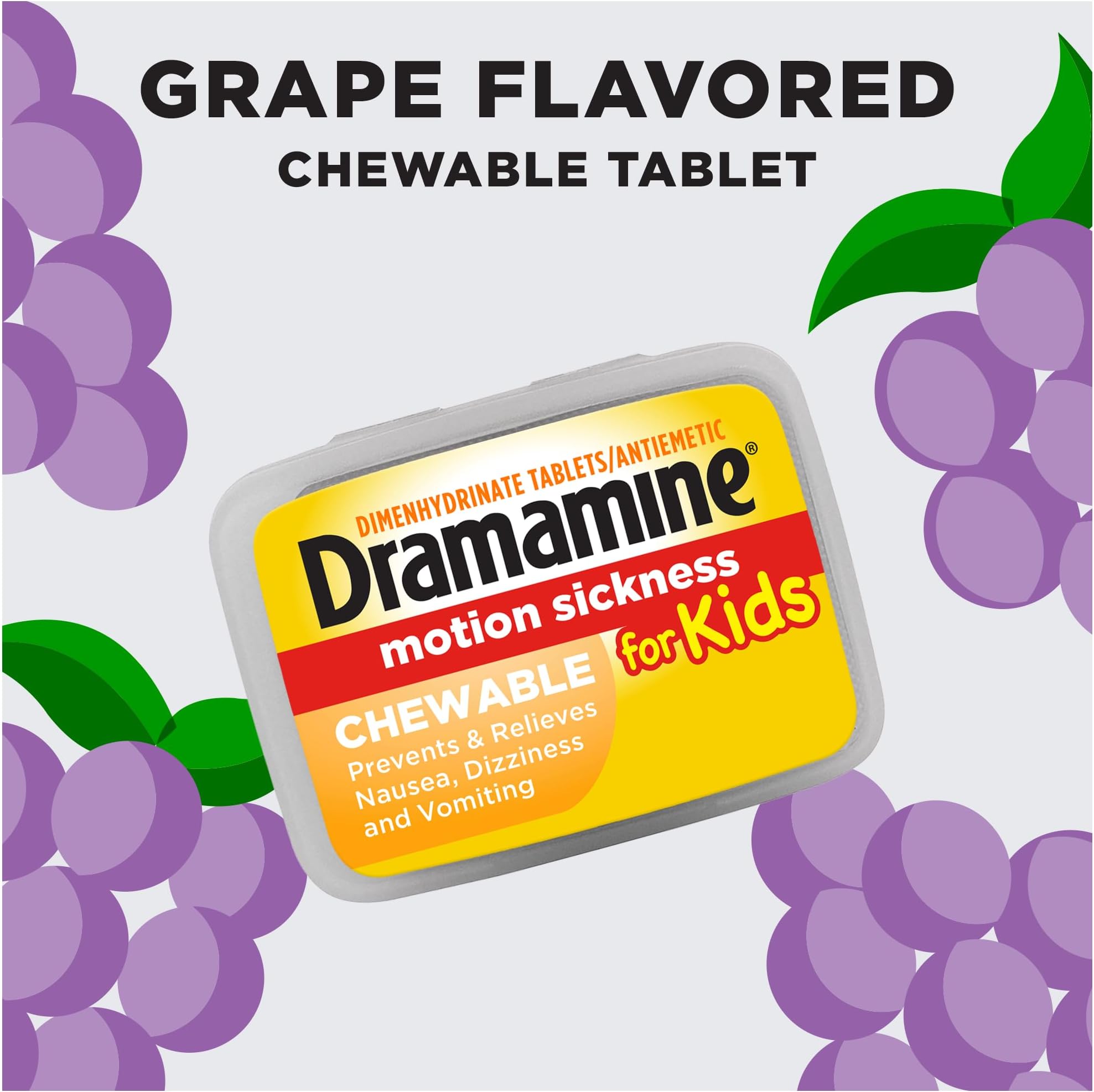 Dramamine Motion Sickness for Kids, Chewable, Dye Free, Grape Flavored, 8 Count (Pack of 3)