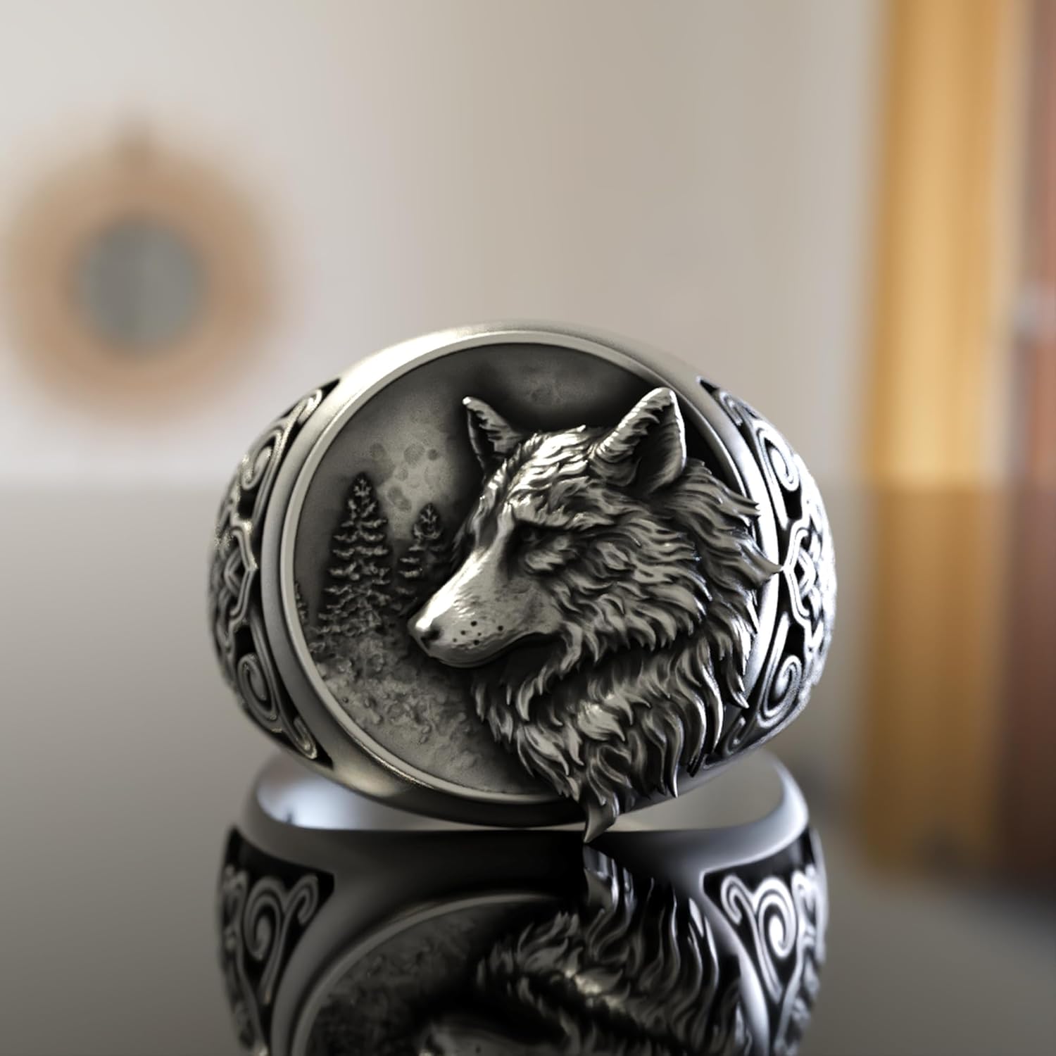 Wolf Ring for Men – Handmade 925 Sterling Silver Animal Signet Ring with Forest Detailing – Unique Viking Biker Jewelry