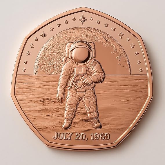 Apollo 11 Moon Landing 1969 Commemorative Rose Gold 50p Coin – Astronaut & Lunar Module Design, Proof Finish, Collector’s Edition in Capsule