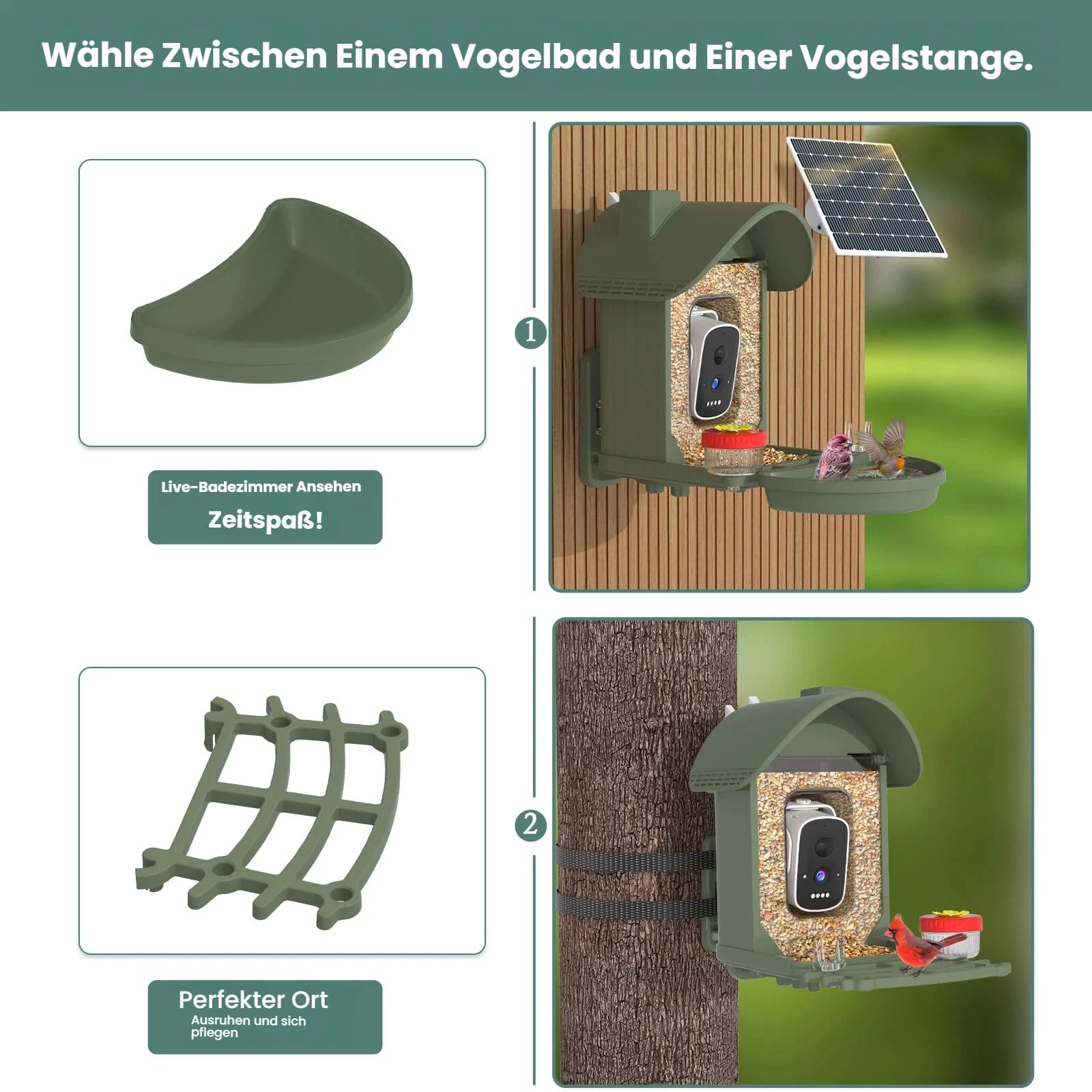 Vogelhaus mit Kamera, 3K Smart Vogelhäuschen mit KI-Vogelerkennung & Vogeltränke, Solarbetrieben Vogelbeobachtung Kamera mit Edelstahlkabel & Futter-Schutznetz, Outdoor Garten Geschenk