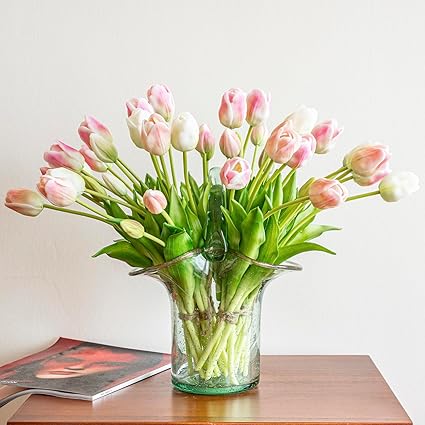 40pcs Artificial Tulips Flowers,Soft Touch Latex Bouquet,Fake Tulips for Office Wedding Party Home Kitchen Garden Decoration