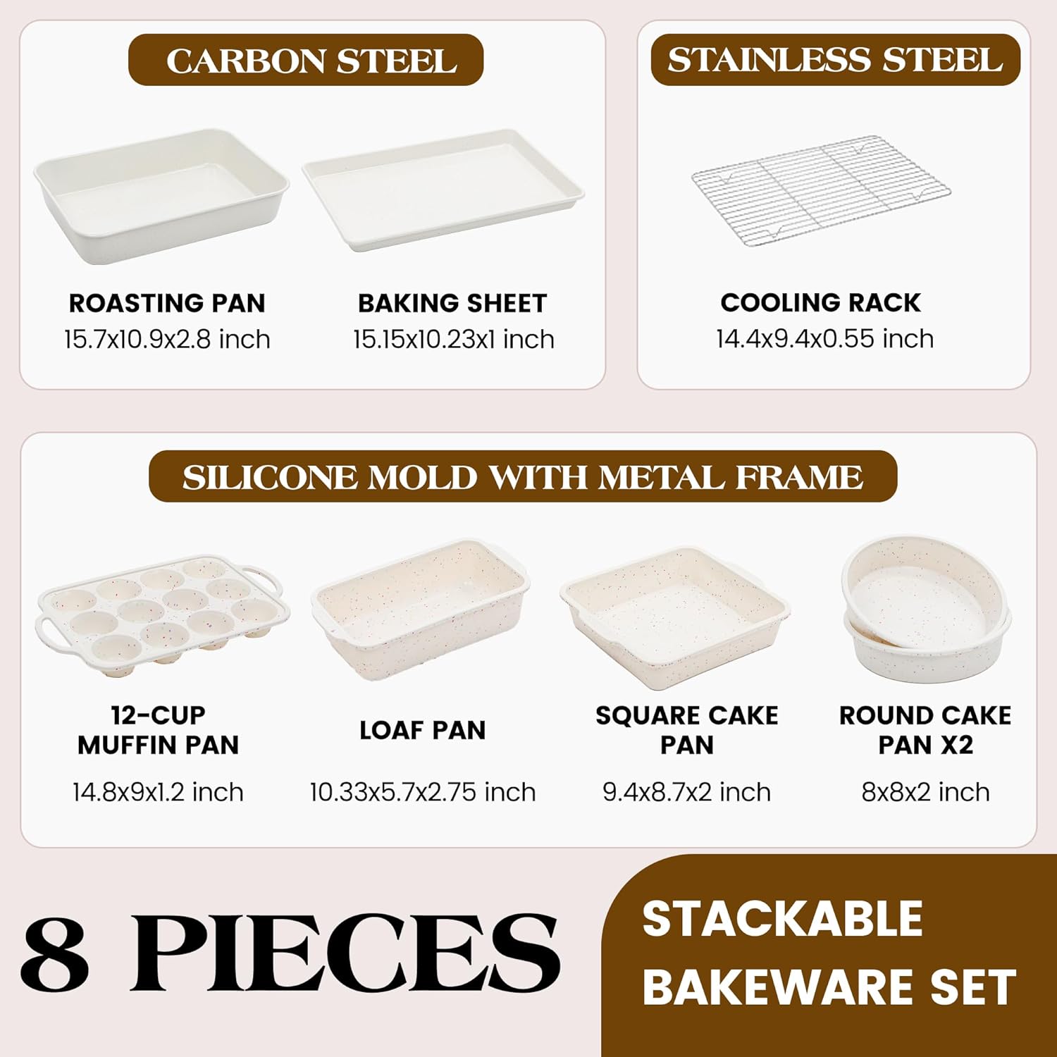 8 Pcs Baking Pans Set, Silicone Bakeware Sets with Metal Reinforced Frame, Nonstick Stackable Carbon Steel Non Toxic Baking Sets for Cooking (Cream)