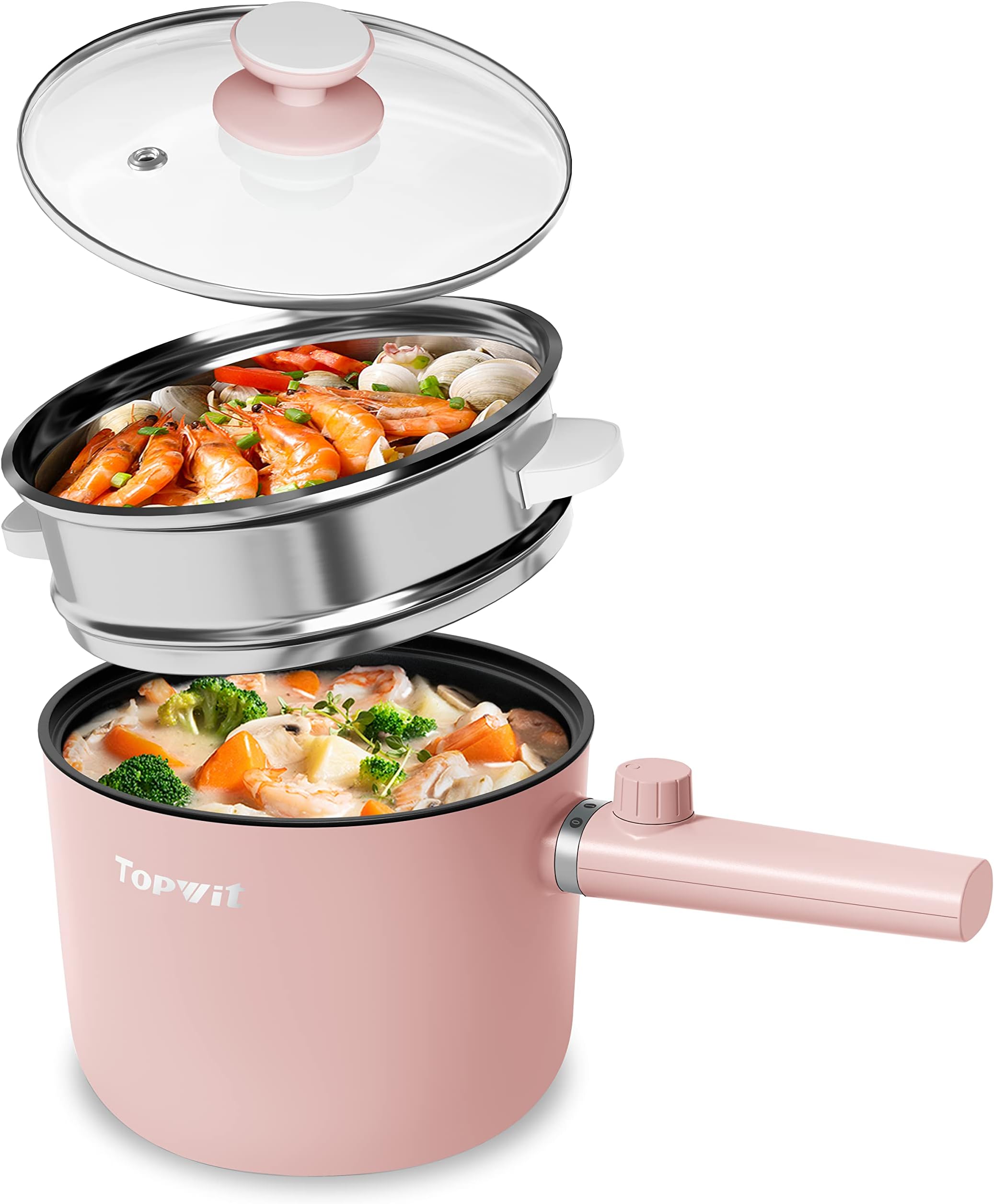 Topwit Hot Pot Electric with Steamer, 1.5L Ramen Cooker, Non-Stick Sauté Pan, Portable Cooking Pot, Electric Cooker with Dual Power Control, BPA Free, Over-Heating & Boil Dry Protection, Pink