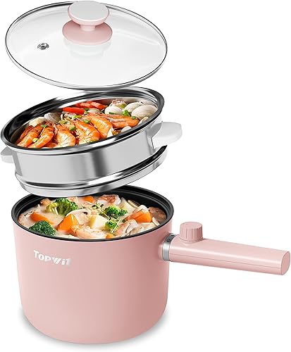 Topwit Olla eléctrica con vapor, olla de ramen de 1.5 L, sartén antiadherente, olla de cocción portátil, cocina eléctrica con doble control de