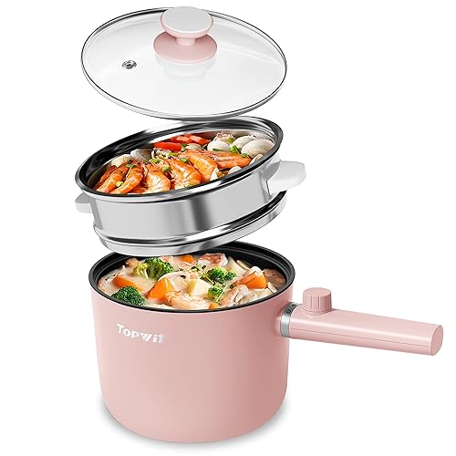 Topwit Hot Pot Electric with Steamer, 1.5L Ramen Cooker, Non-Stick Frying Pan, Electric Pot for Pasta, BPA Free, Electric Cooker with Dual Power Control, Over-Heating & Boil Dry Protection, Pink - 1.6 Quarts - Pink 1