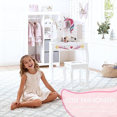 Miniatura 6 de Spirich Vanidad para niños, juego de tocador para niñas con espejo, taburete y luces, juego de mesa y silla de tocador para niños, mesa de tocador