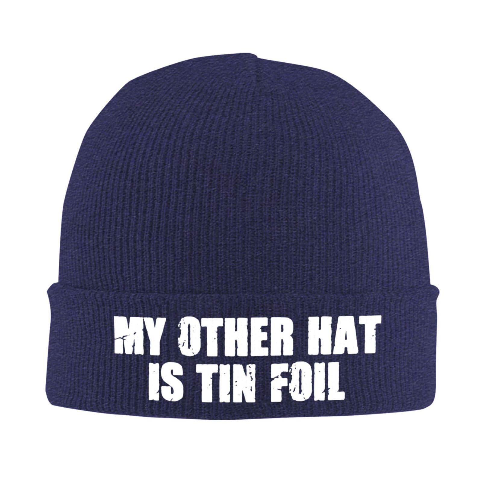 Kwqdozf Unisex Navy Blue My Other Hat Is Tin Foil Winter Beanie Hats For Men Women, Warm Cozy Knitted Cuffed Slouchy Skull Cap Ski Hat,Black